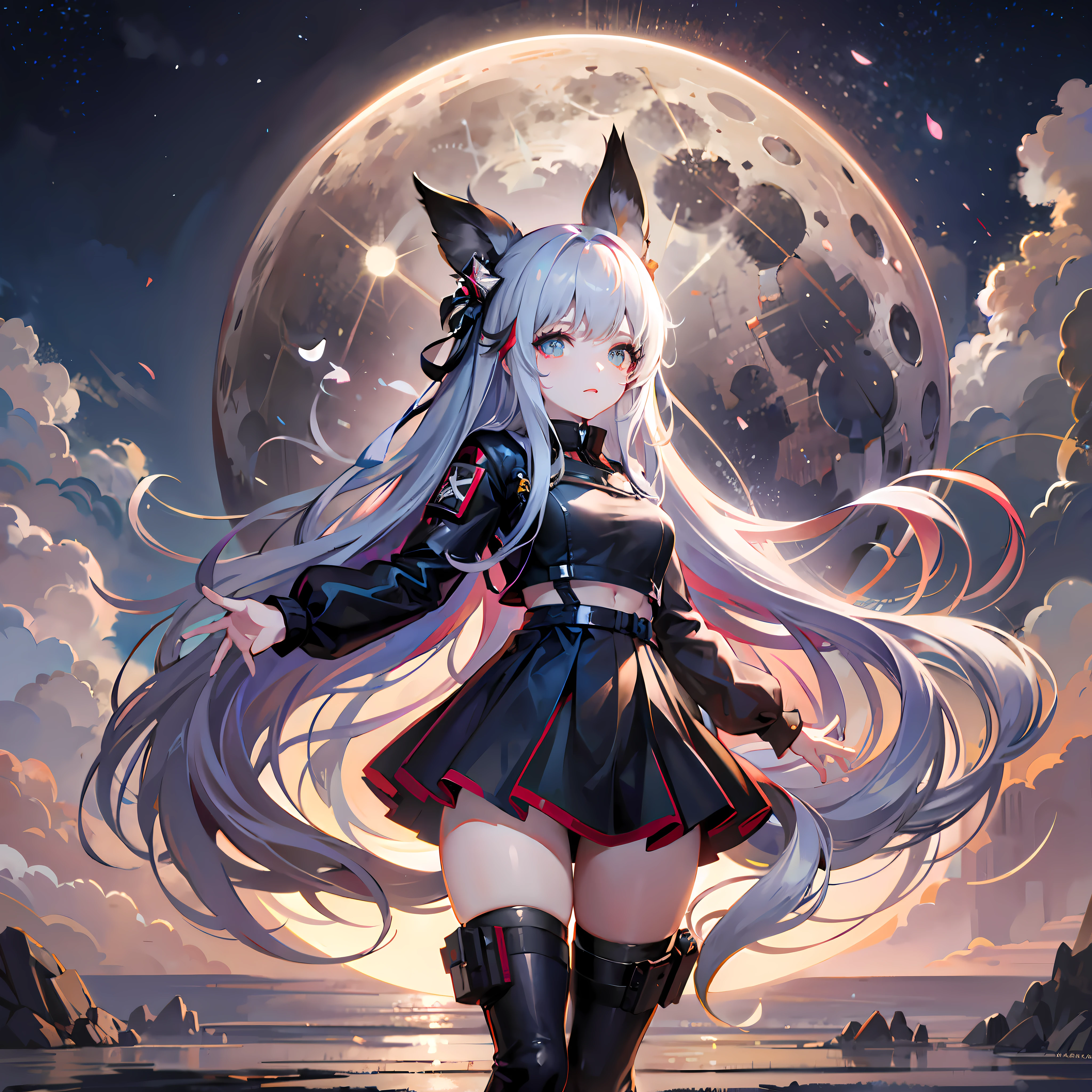 Anime girl with long white hair and black boots standing in front of a full moon, From Arknights, girls frontline universe, from girls frontline, nightcore, trending on artstation pixiv, azur lane style, Very beautiful anime cat girl, anime girl with cat ears, Guweiz in Pixiv ArtStation, Kushatt Krenz Key Art Women