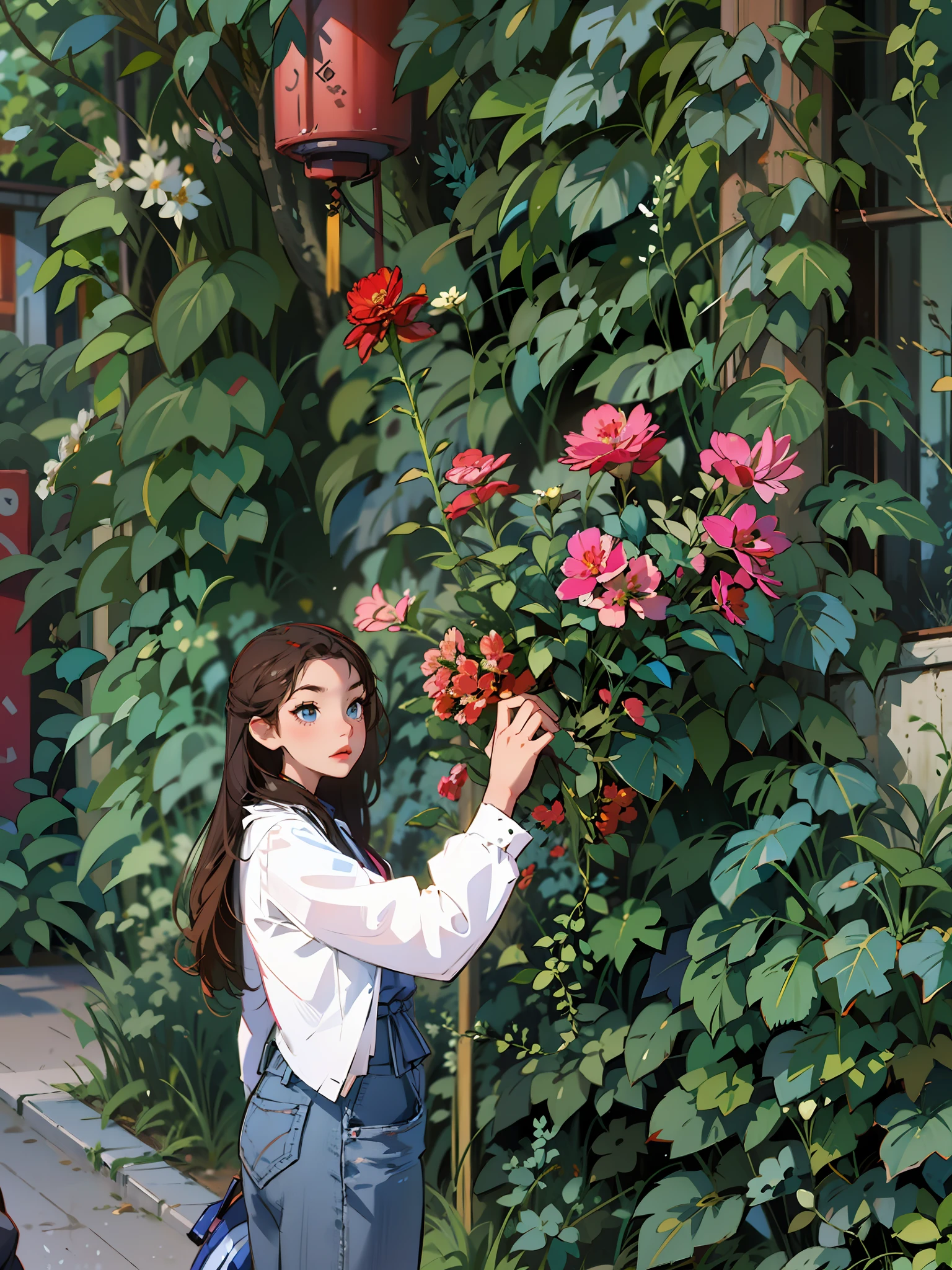 there is a woman that is sitting in the grass with a hat, standing in flower field, in a field with flowers, standing in flower field, in a field of flowers, With flowers, Girl in a flower field, on the garden, xintong chen, girl frontal in a flower field, Profile picture, woman standing in flower field, Profile image