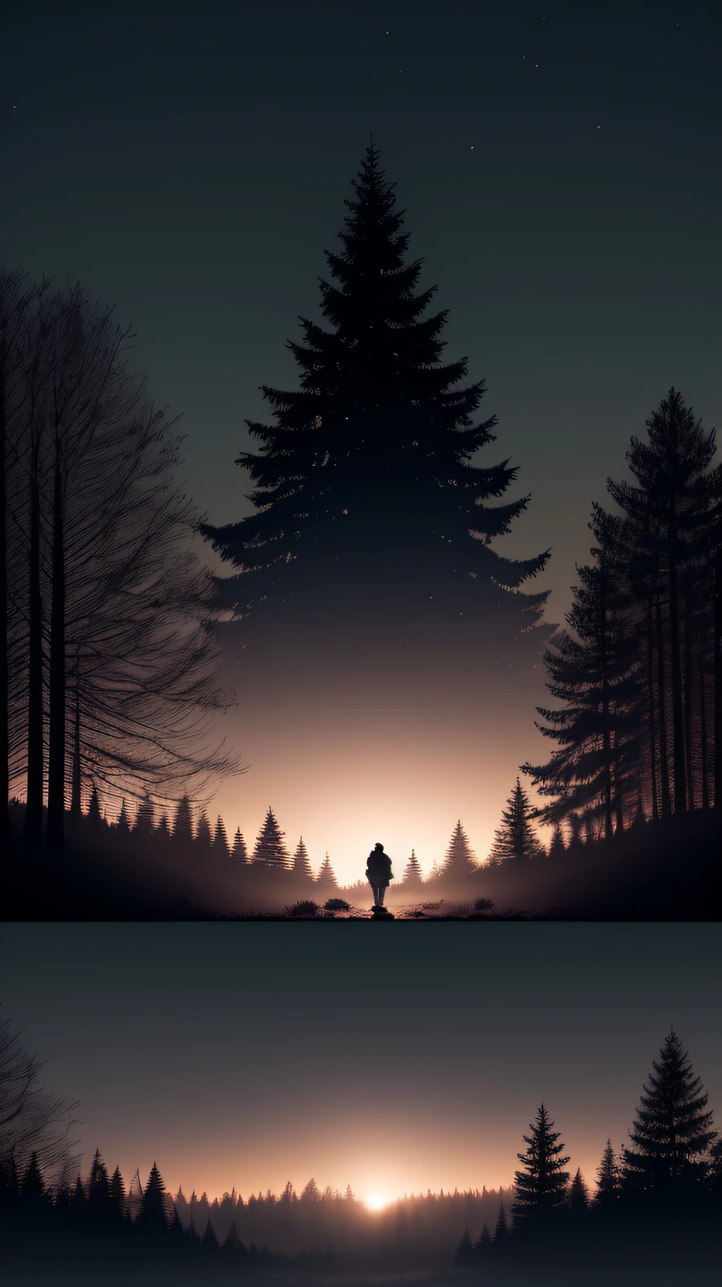 Generate an image with a dark night scene, with silhouettes of trees and bushes.