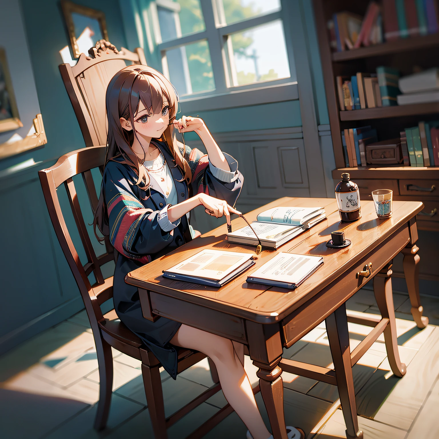 1 girl, sitting on chair, shoes off, hand on knee, looking out of window, camera from bottom up, bedroom background, golden hour light, masterpiece, extremely detailed