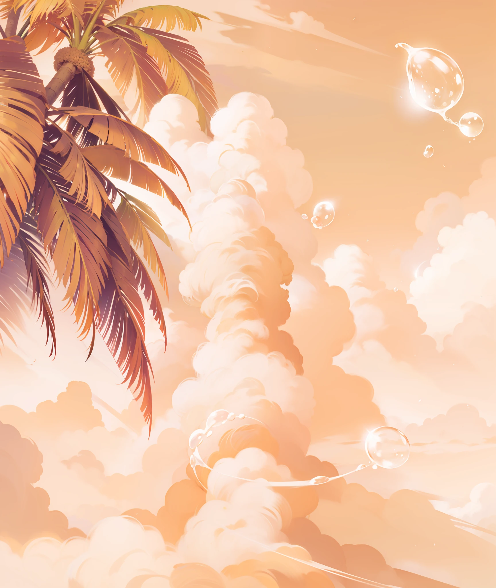Sunset, dusk, clouds, coconut trees, bubbles