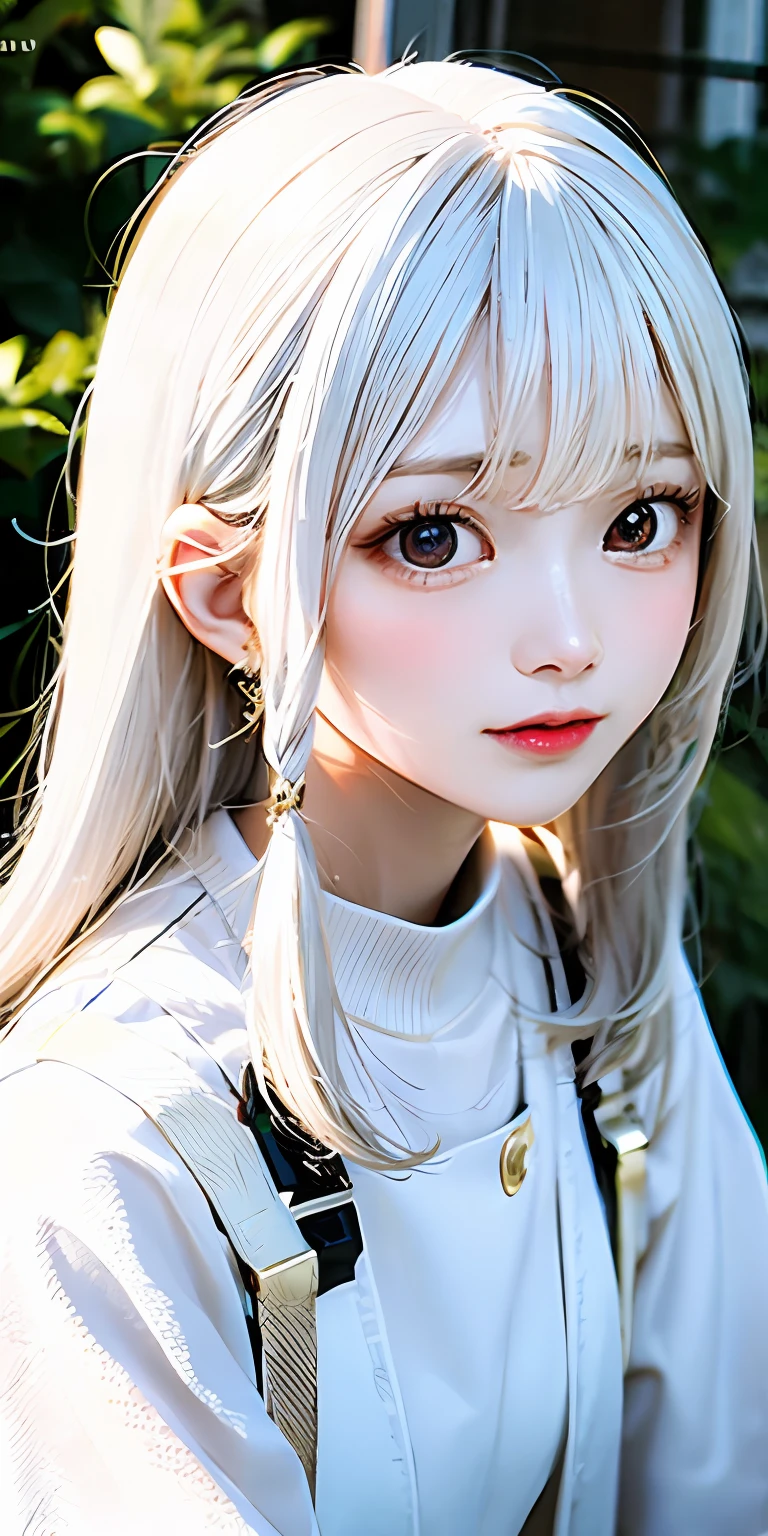 best quality, masterpiece,white hair, gold eyes,white clothes, looking up, upper body,hair strand,Fair skin,side braids