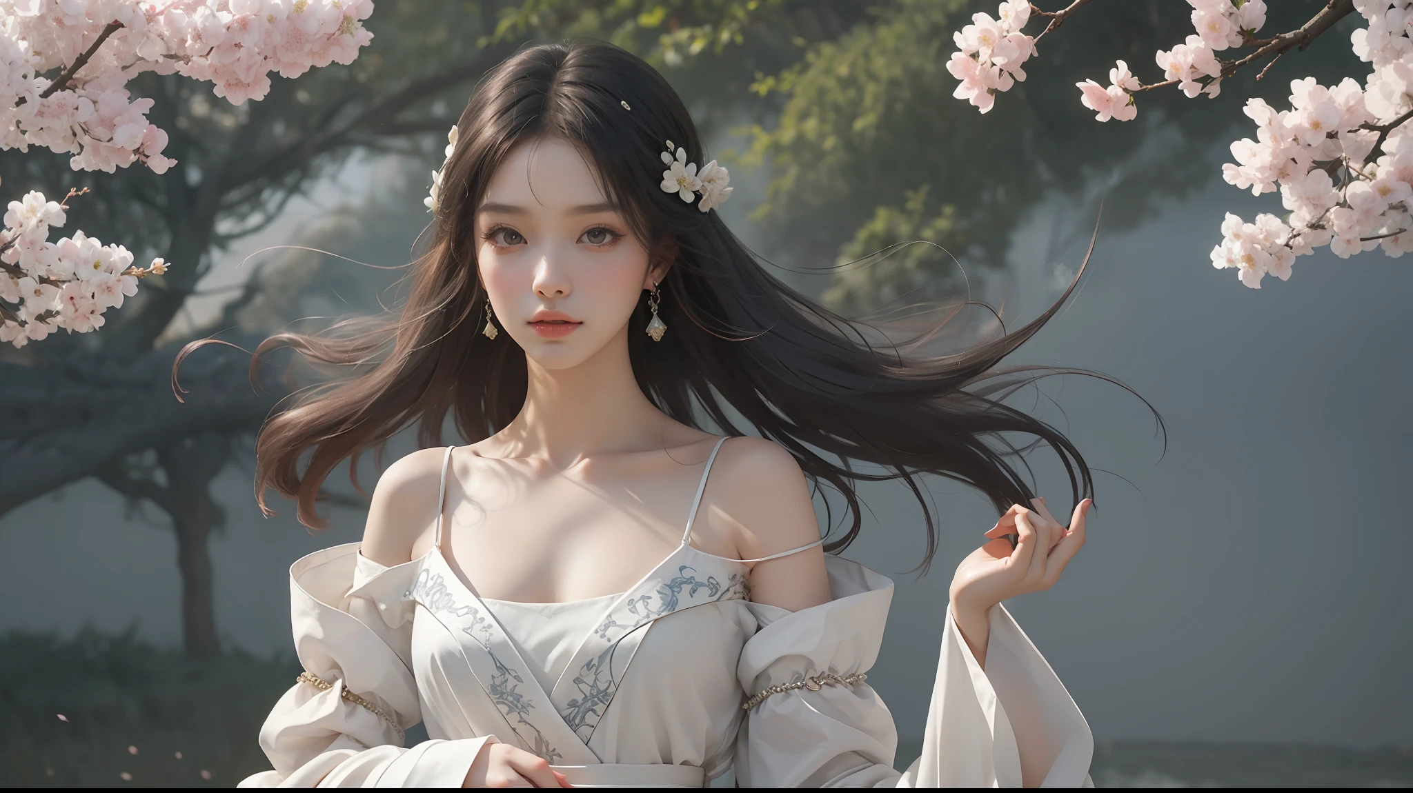 zhongfenghua, 1girl, solo, hanfu, ancient_chinese_architecture, flower field, blossom, (white smoke:1.3) (photorealistic:1.4), zentangle, mandala, entangle, official art, unity 8k wallpaper, ultra detailed, beautiful and aesthetic, masterpiece,best quality, (dynamic angle:1.4), glowing skin, (floating colorful sparkles:1) the most beautiful form of chaos, elegant, a brutalist designed, vivid colours, romanticism depth of field exotic_dance