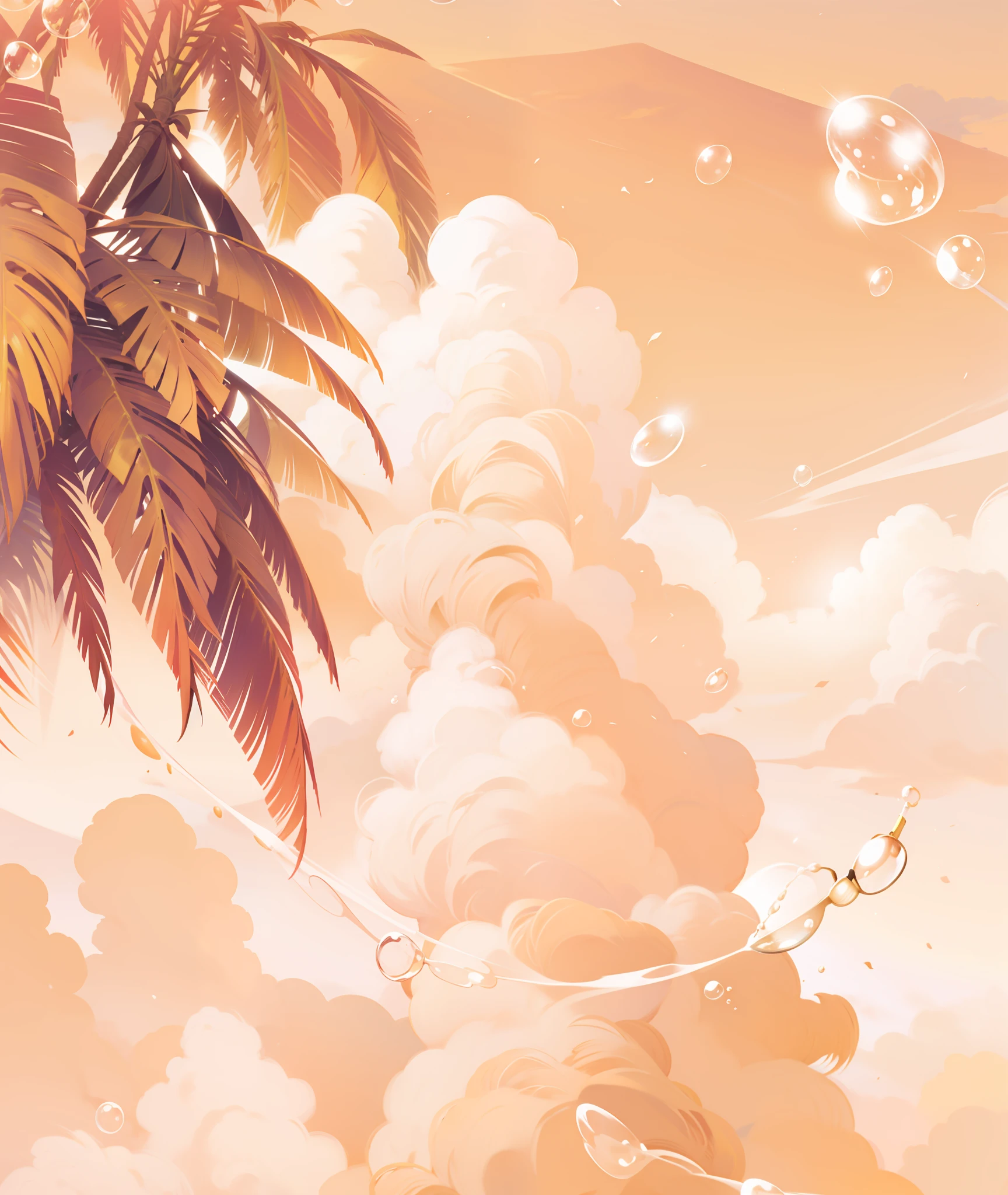 Sunset, dusk, clouds, coconut trees, bubbles