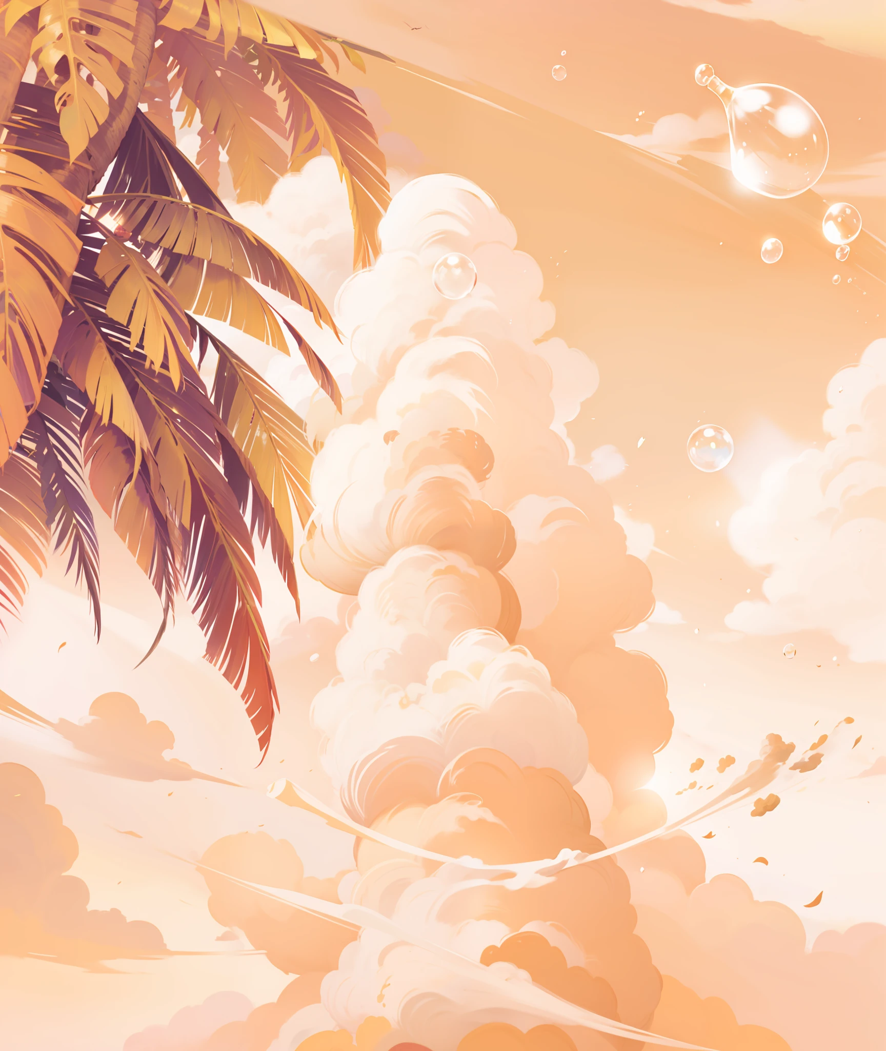 Sunset, dusk, clouds, coconut trees, bubbles