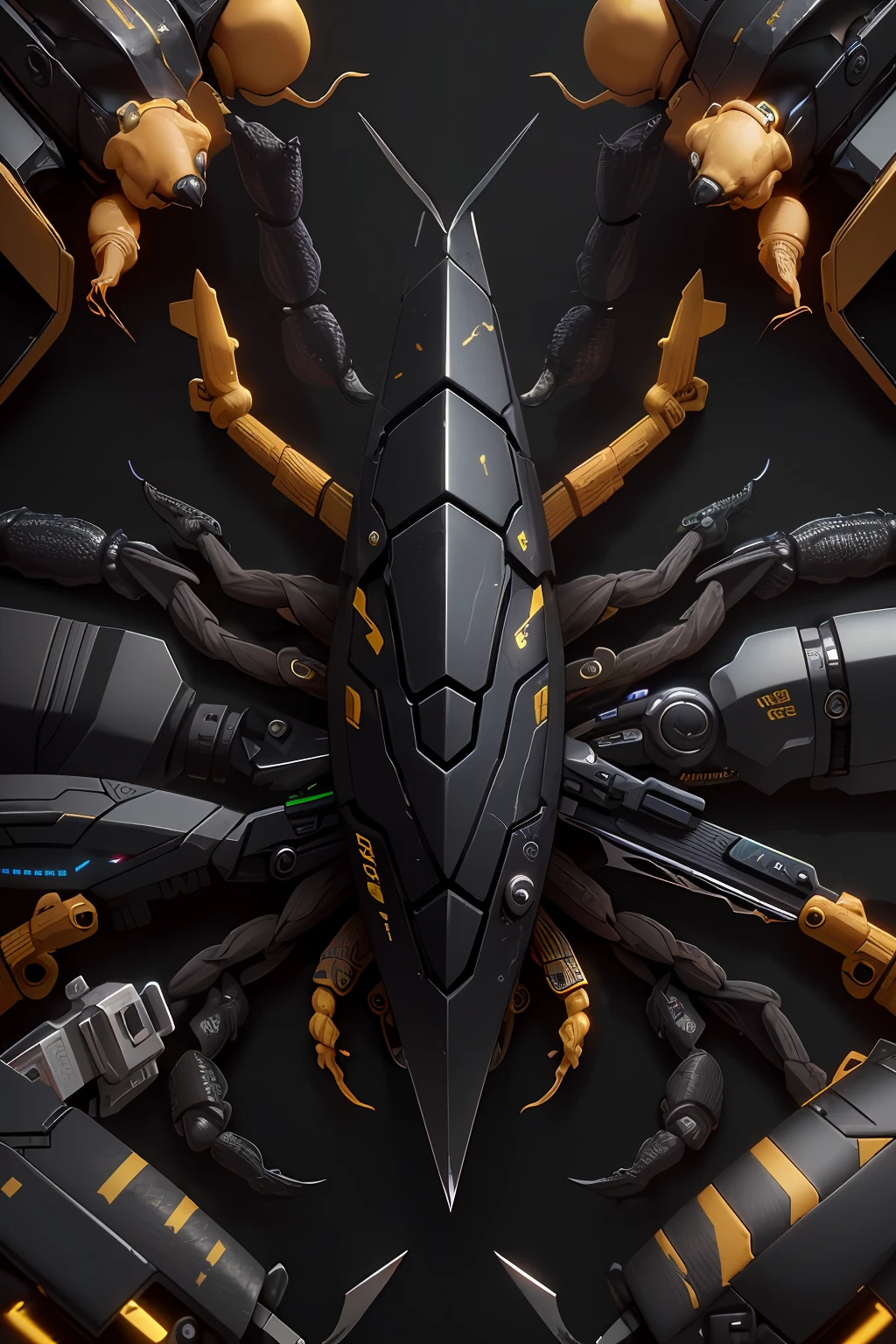 (tmasterpiece，best qualtiy，high high quality), mechs, Huge pliers, C4D, Blander, (Black tones,computer chip,ultra-high definition texture details), The killer effect, (mkscorpion，beetles,Eight legs,One tail)