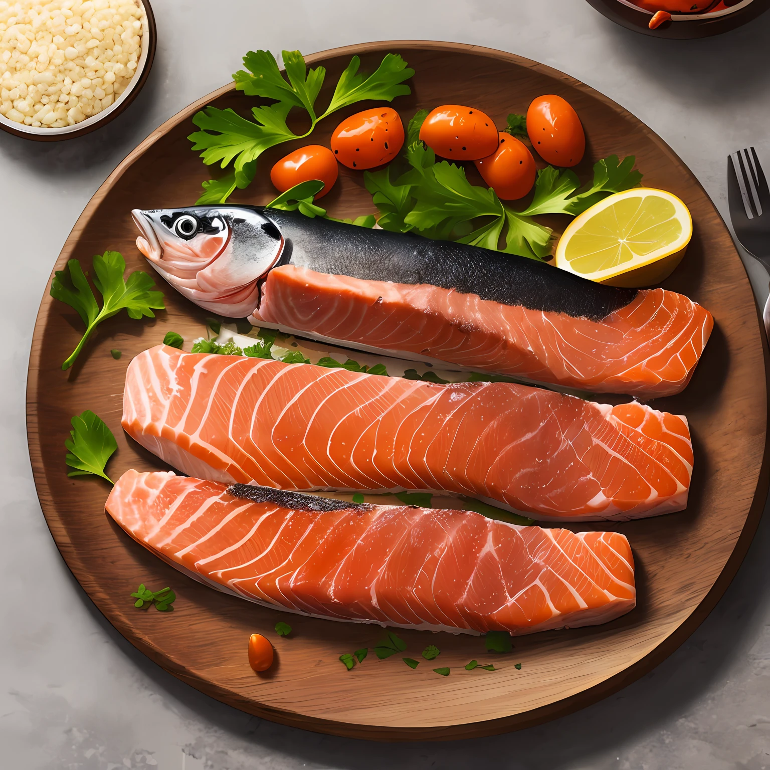 A plate of roe,Top with salmon meat、fish oil、Net asset-to-income ratio;Salmon meat、fish oil、Roe on a plate;digitial painting;Animate;