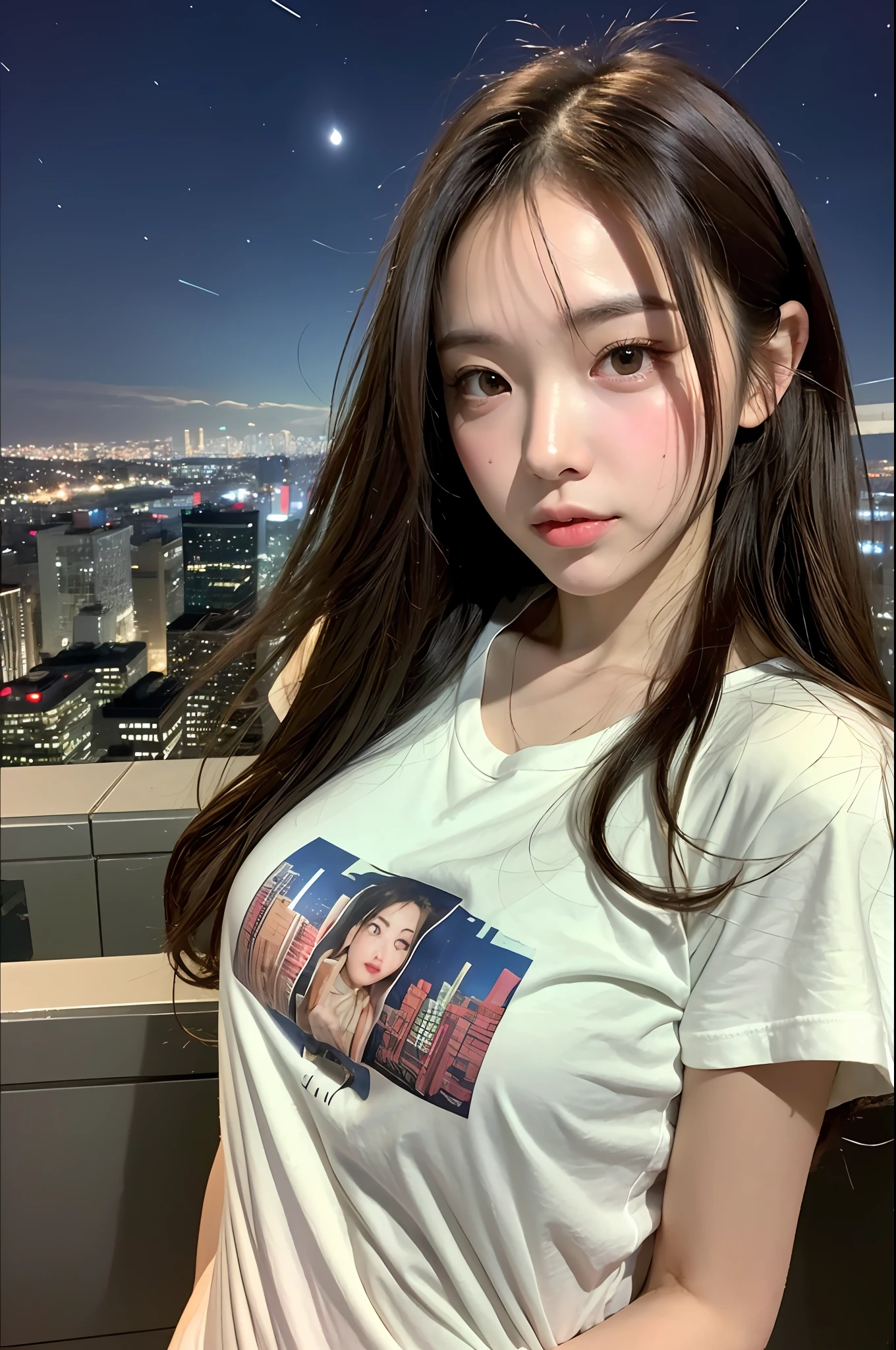 ((mid night、top-quality、8k、​masterpiece:1.3)), full bodyesbian, long legged, foco nítido:1.2, Beautiful woman with perfect body shape:1.4, Slender Abs:1.1, ((dark brown  hair、Pretty big:1.2)), (White tight t-shirt、 is standing:1.2), ((Night City View、On the rooftop:1.3)), Highly detailed facial and skin texture, A detailed eye, 二重まぶた、a baby face