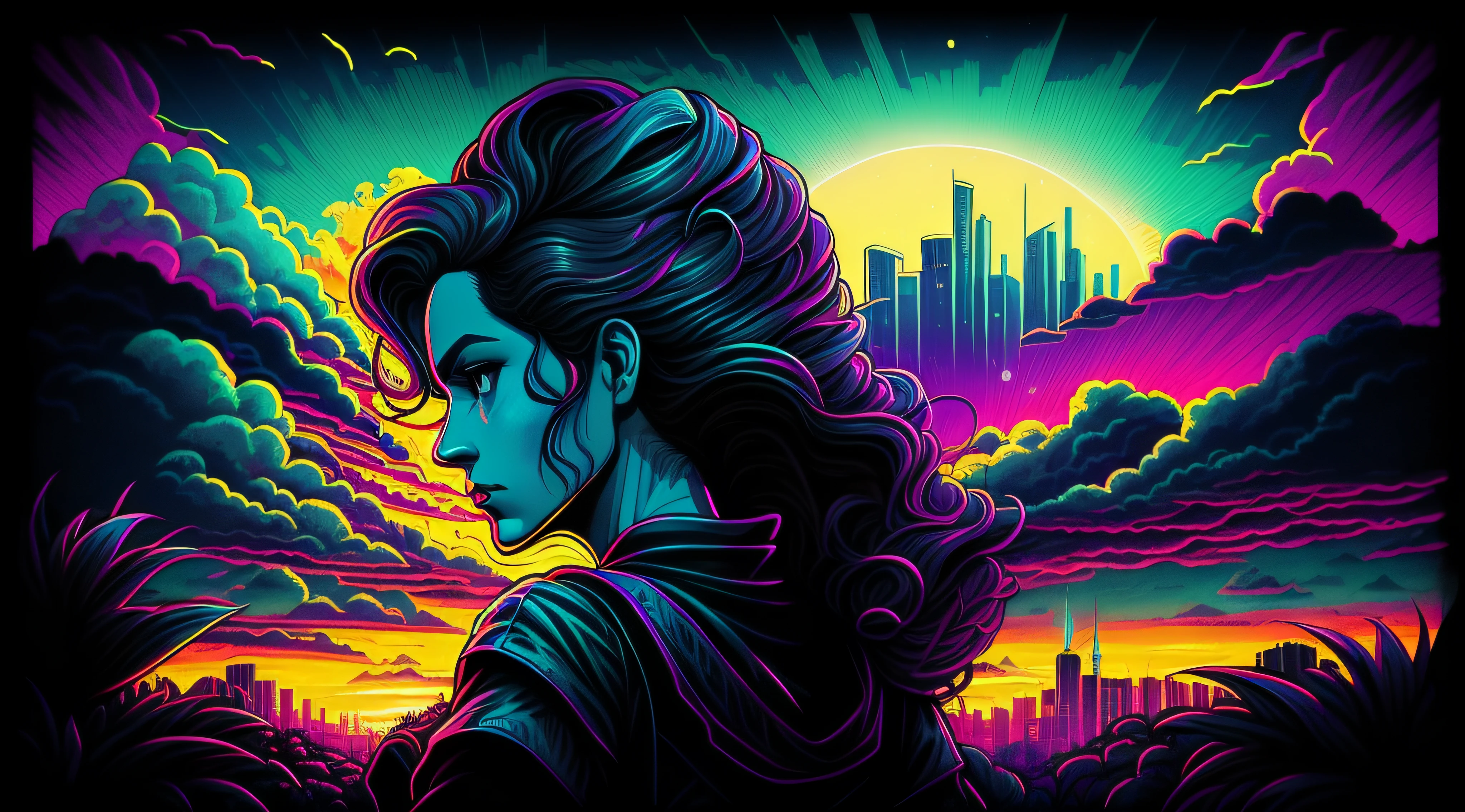 (cabelos escuros:1.2),(messy hair:0.8),(Mulher linda de frente:1.0),nuvens escuras:0.3,Synthwave:1.2(uma grande cidade estilo miami anos 80/90 com altos arranha ceus ao fundo), (close-up de frente), obra-prima, melhor qualidade, 8k, coqueiros,