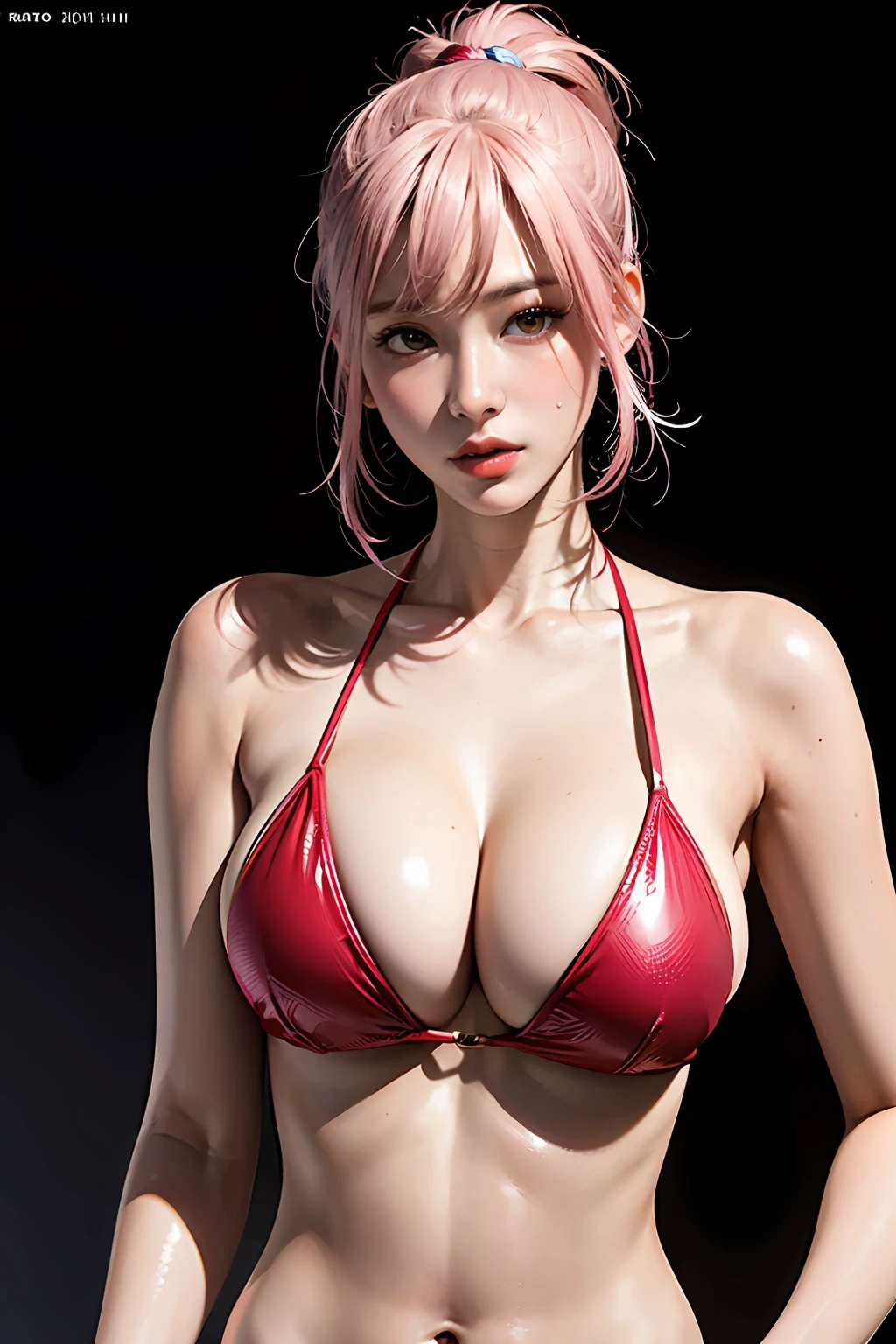 top-quality、超A high resolution、The bikini、Pink hair、bobhair、glistning skin、Big sister、realisitic、modeled、sexypose、1a person、独奏、Highly detailed facial and skin texture、Beautiful woman with perfect body shape、20yr old、barechested、large full breasts