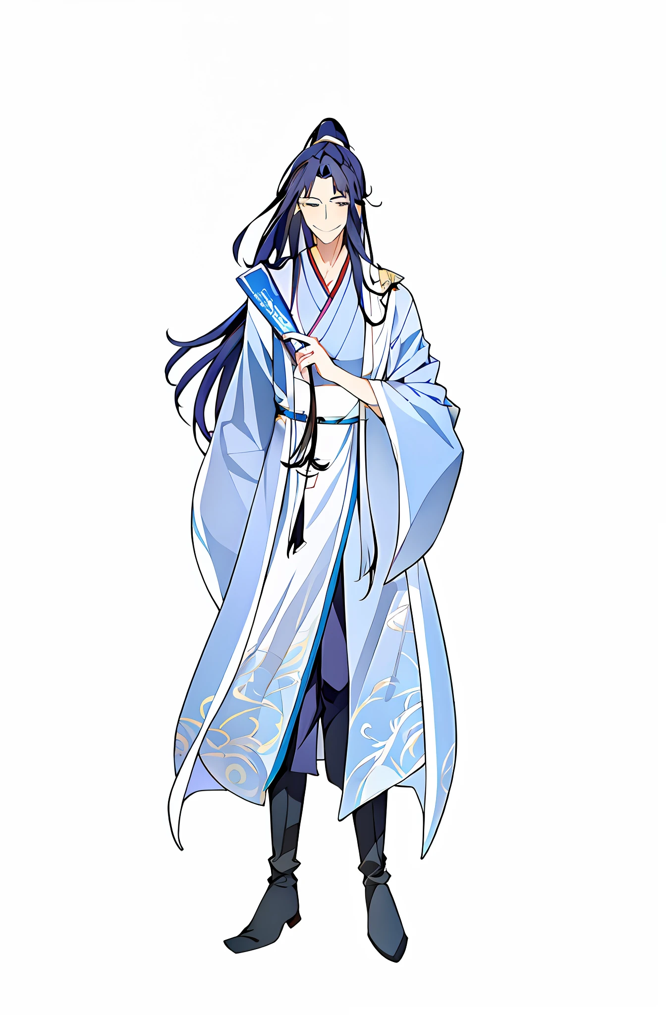 Anime characters with long hair and blue robes holding a fan, flowing hair and long robes, full-body wuxia, inspired by Wu Daozi, wearing a long flowing robe, Wears a robe with a moire pattern,brunette color hair,Wearing black boots,Holding a folding fan,The robe has a white pattern,A scented one hangs from his waist,There are white flowers on the aroma,The expression is a smile,big-eyed handsome guy