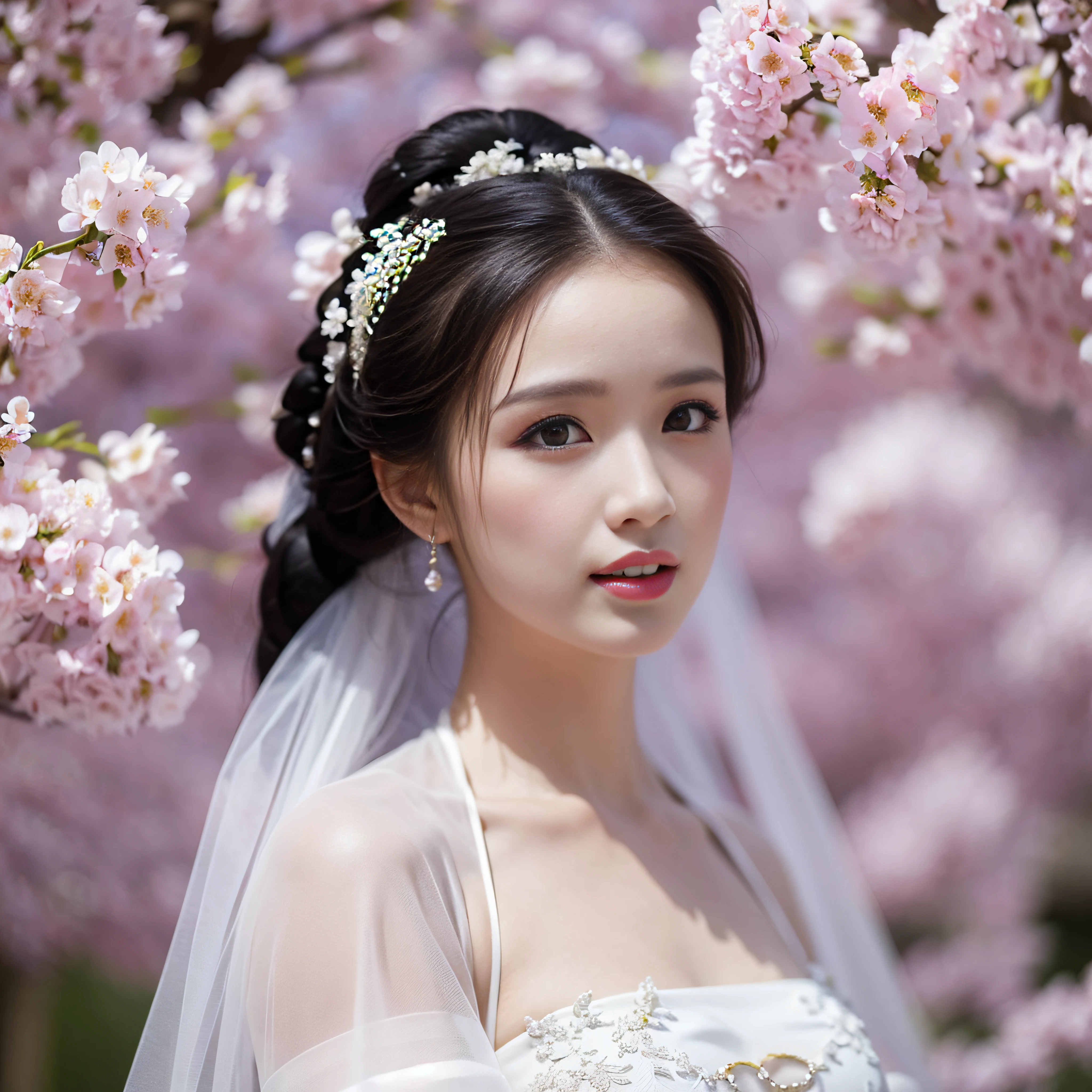 best quality, ultra high res, (photorealistic:1.8), 1girl, blue_sky, blurry, blurry_background, blurry_foreground, branch, bridal_veil, bride, cherry_blossoms, chinese_clothes, curtain_grab, curtains, day, depth_of_field, flower, hanami, hanfu, lips, long_hair, outdoors, parted_lips, petals, pink_flower, pink_theme, plum_blossoms, shawl, solo, solo_focus, spring_\(season\), tree, upper_body, veil, wedding, wedding_dress, wisteria,side face,chin down