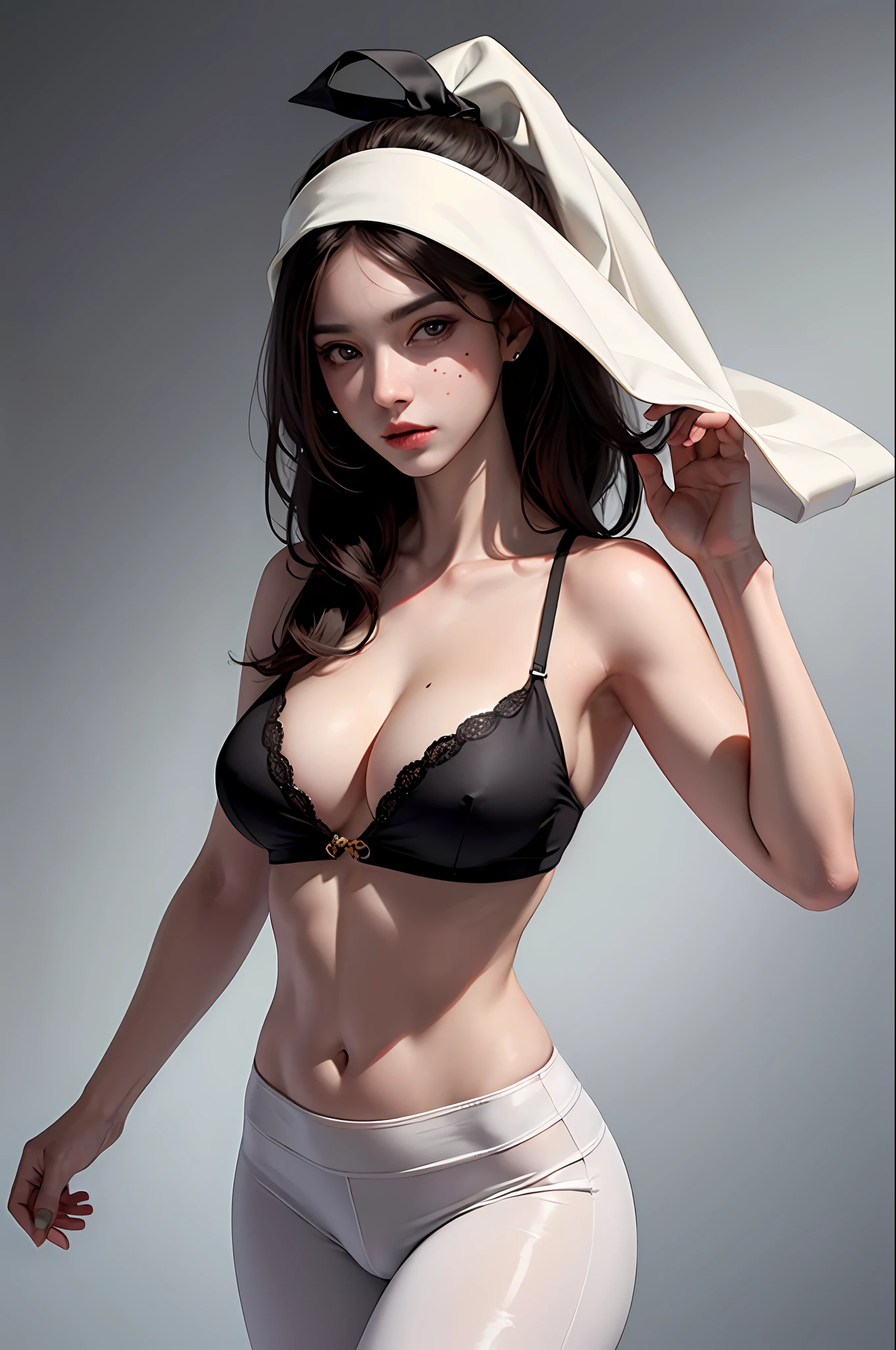 (hyperrealistic), (illustration), (high resolution), (8K), (extremely detailed), (best illustration), (beautiful detailed eyes), (best quality), (ultra-detailed), (masterpiece), (wallpaper), (detailed face), solo 1 girl, white wavy hair, korean, heterochromic eyes, small moles under the eyes, loose white shirt, yoga pants, big breasts, long legs, tight abs, camel toes, dynamic pose, hijab,, big tits