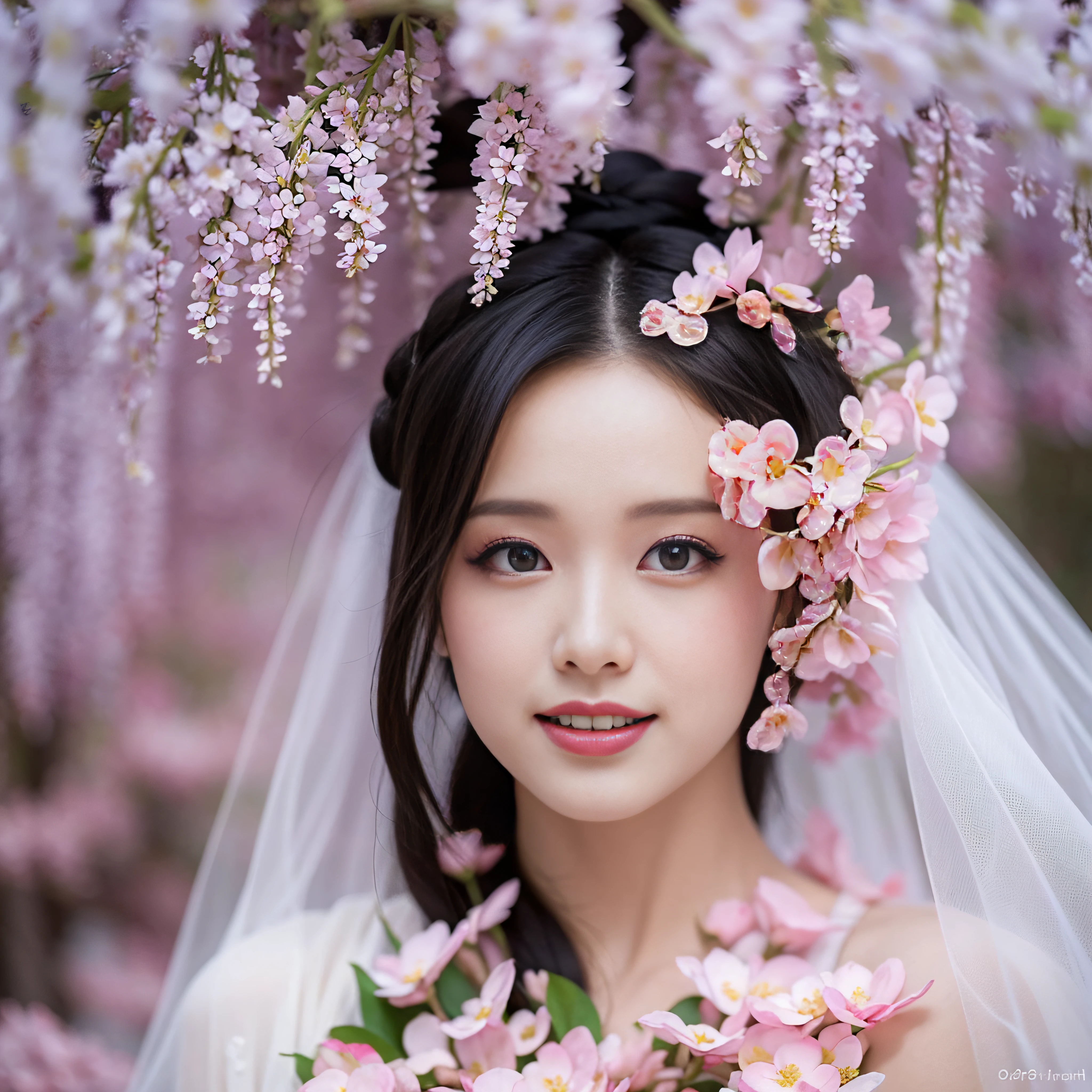 best quality, ultra high res, (photorealistic:1.8), 1girl, blue_sky, blurry, blurry_background, blurry_foreground, branch, bridal_veil, bride, cherry_blossoms, chinese_clothes, curtain_grab, curtains, day, depth_of_field, flower, hanami, hanfu, lips, long_hair, outdoors, parted_lips, petals, pink_flower, pink_theme, plum_blossoms, shawl, solo, solo_focus, spring_\(season\), tree, upper_body, veil, wedding, wedding_dress, wisteria,side face,chin down