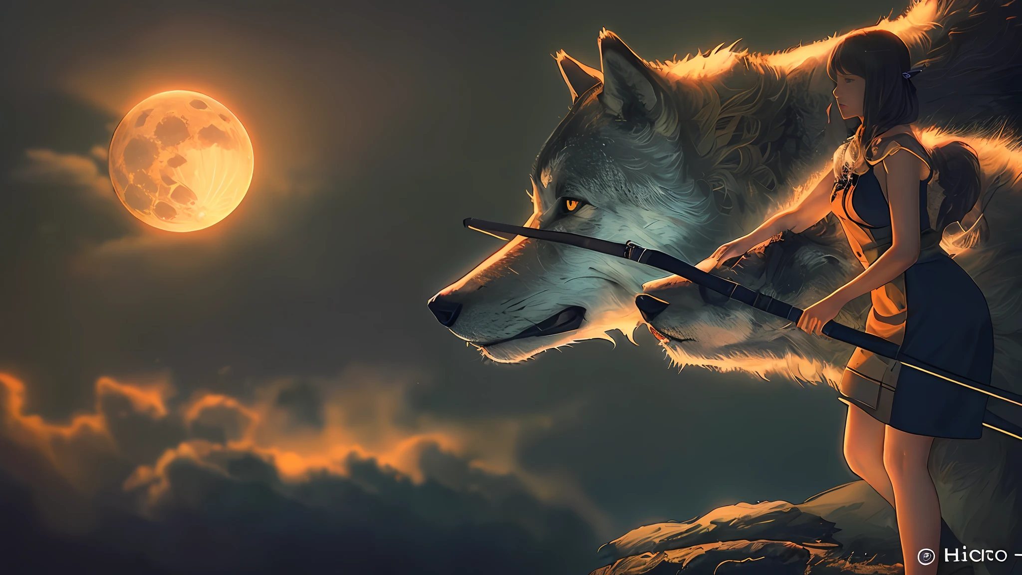 (top-quality、masterpiece)、(Realistic lighting with shadows)、huge filesize、hight resolution、elegent、realisitic、darkness, Fantastic, complexly detailed、(Perfect anatomical depiction of the human body)、There is a girl standing next to a wolf with a big bow, the wolf howls at the moon, Ride the giant Silver Wolf, wolves and their treasures, Great Wolf, Detailed fur in dramatic movies, howling at the moon, wolf howling at full moon, 2Giant Silver Wolf, Beautiful girl with a big bow, Fantastic moonlight, realistic representation, Ethnic costume, Glowing Wolf Eyes, Fur glowing in the backlight