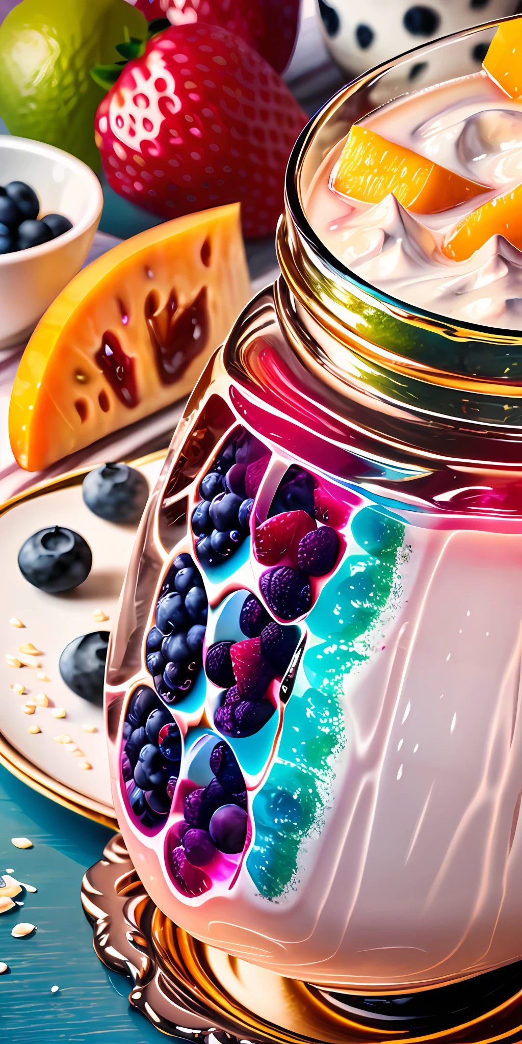 ocean, The sea, resort, tropics, tropical, Palma, picnic, Healthy breakfast. Faceted glass, crystal, mother-of-pearl shimmers, sun glare, Different play of light, Muesli and berry yogurt, CocktailWorld, scenery, landscape, Street, Depth of field , ((blurred background)), Masterpiece, Best Quality, ultra detail, (((Multi-layered jelly))) glass, stained glass windows, Multi-colored highlights, tmasterpiece, Top Quality, Experience, Chic, Boho-chic, a gold, utensil, kettle, a cup, plate, crystals, with floral print,1 glass of milk (can be cow's milk, vegetable milk or yogurt) 1 teaspoon vanilla extract of your choice (optional) Chopped fresh fruits (For example, strawberries, kiwi, mango, blackberry, raspberry, cherry, carambola, blueberries, etc.) Marengo,