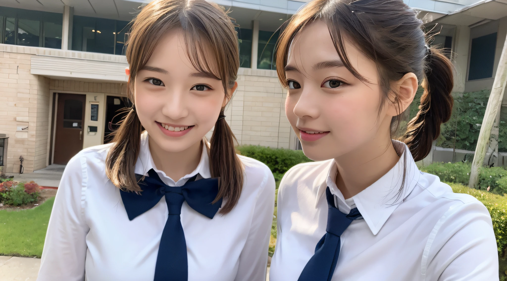 Highly detailed 8k wallpaper), sharp focus, detailed, dramatic, delicate and beautiful schoolgirl, sheer white shirt, tie, dark blue pleated micro mini, light brown hair, smooth pigtails, sexy, smile, peeking at the viewer, beautiful graphics, bright school building, full of students, showing the whole body,.
