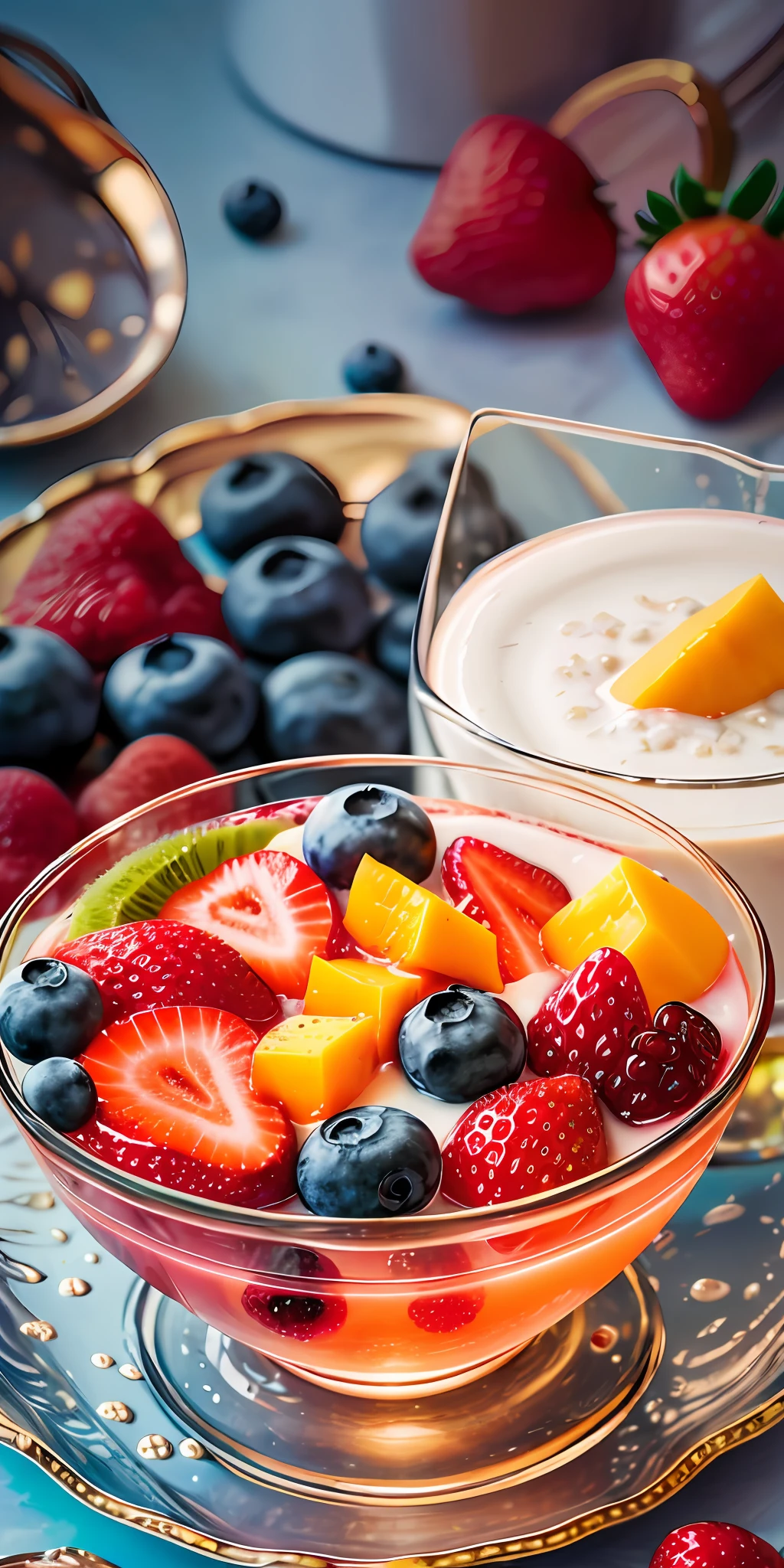 ocean, The sea, resort, tropics, tropical, Palma, picnic, Healthy breakfast. Faceted glass, crystal, mother-of-pearl shimmers, sun glare, Different play of light, Muesli and berry yogurt, CocktailWorld, scenery, landscape, Street, Depth of field , ((blurred background)), Masterpiece, Best Quality, ultra detail, (((Multi-layered jelly))) glass, stained glass windows, Multi-colored highlights, tmasterpiece, Top Quality, Experience, Chic, Boho-chic, a gold, utensil, kettle, a cup, plate, crystals, with floral print,1 glass of milk (can be cow's milk, vegetable milk or yogurt) 1 teaspoon vanilla extract of your choice (optional) Chopped fresh fruits (For example, strawberries, kiwi, mango, blackberry, raspberry, cherry, carambola, blueberries, etc.) Marengo,