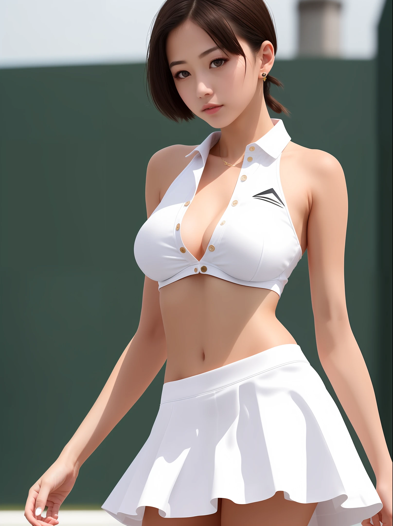 1girl, 独奏, White polo shirt, White sneakers, tennis wear, white mini-skirt, tmasterpiece, Best quality at best, realisticlying, ultra - detailed, (shiny skins, perspired:1.4), absurderes, looking at viewert, with short black hair, with brown eye,slenderness,Dynamic light and shadow,A high resolution,Sharp focus,depth of fields,The eyes are delicate,Sharp pupils,pupil realistic,(smallunderboob:1.6),(Thigh thick:1.0),exteriors,Skysky,toppless