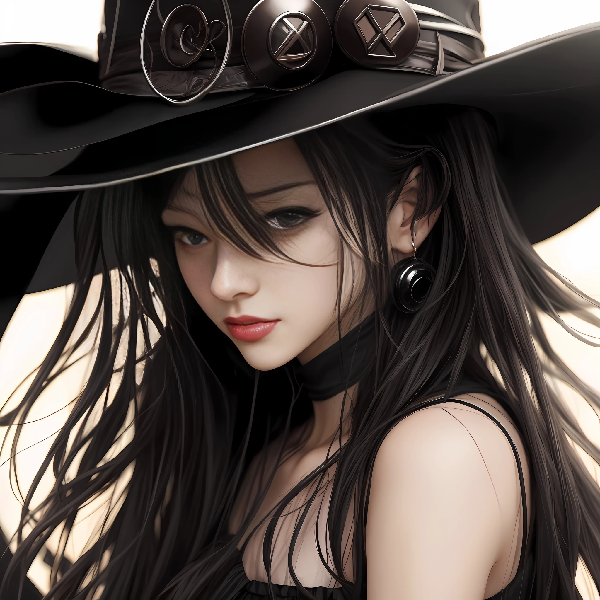Close-up of a woman in a cowboy hat, beautiful cowboy witch, Art germ. anime illustration, Art germ. High detail, Beautiful anime woman, Art germ on ArtStation Pixiv, Extremely detailed Artgerm, detailed portrait of an anime girl, artgerm detailed, black and white manga style, Detailed digital anime art