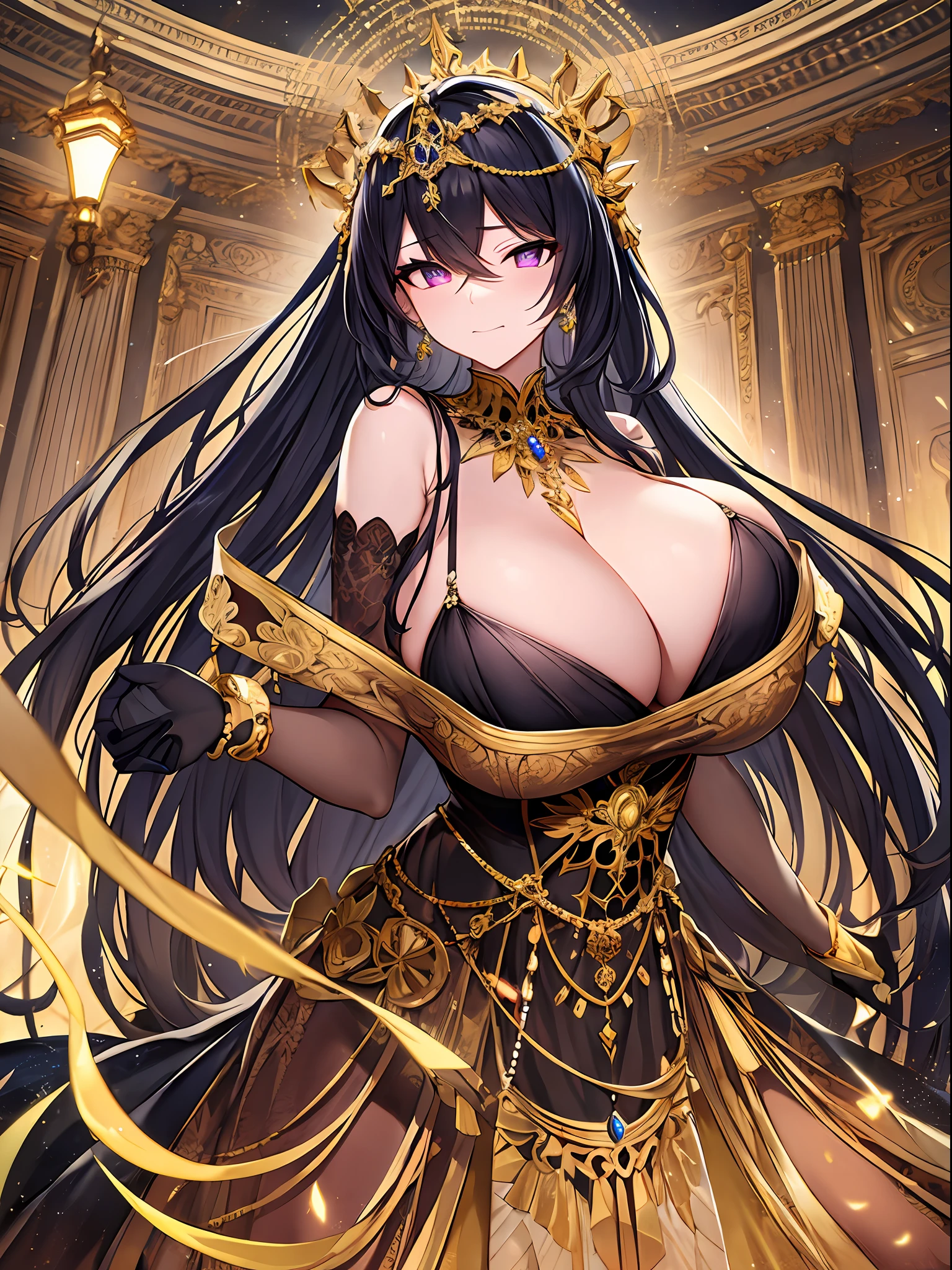 ((anime moe art style)),(((tmasterpiece))),((best qualtiy)),((super detailing)),(illustratio),(((very fine and beautiful))),dynamic angle,looking at viewert,(((((独奏))),((1 arrogant lady)),(A beautiful fantasy arrogant queen),(full bodyesbian))),standing on your feet,Royal elegant posture,((dominating pose)),(arrogant,((Arrogant smile)),a purple eye,(sharp sharp eyes),详细的脸,long eyelasher,(ccurateblack hair),(hair straight),(Very long hair))),bangs between eyes, ((((gigantic cleavage breasts)))),,(dent in the skin),curves,(Rococo dress,Ornately embroidered with black and gold ruffles),(Ornately embroidered black and gold ruffled rococo dress),(Fluffy black and gold prom dress,Gorgeous embroidery),Big breasts corset,((Hoop skirt)),The princess dress has a lot of jewelry,((Gorgeous embroidery)),(Golden decoration),((Crinolin)),Opera gloves,Beautifully decorated jewelry tiara,Gem earring,Beautifully decorated necklace,Exquisite jewelry ornaments,inside in room,Royal Banquet Hall,light particules,full bodyesbian