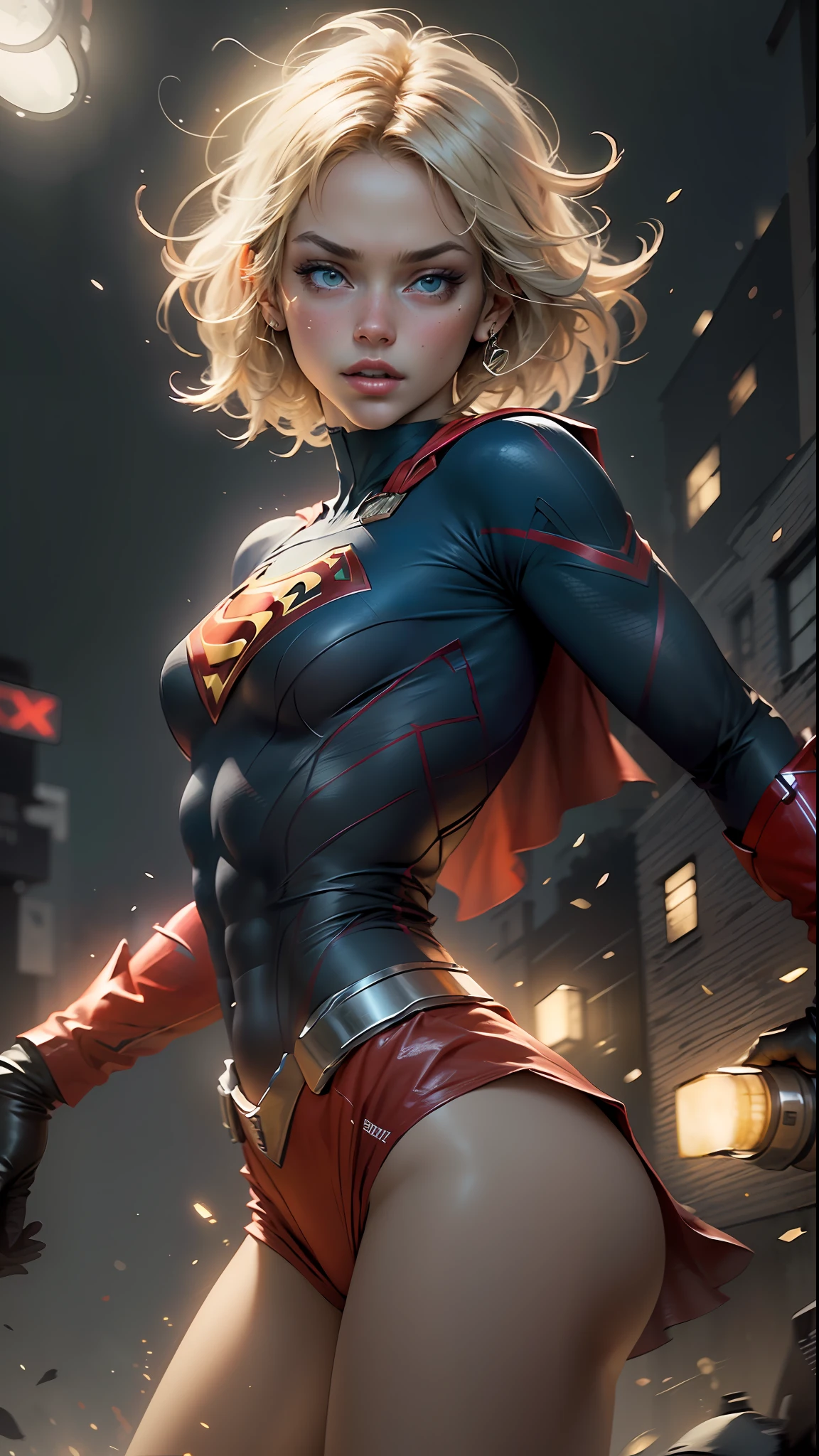 "((best quality,best illumination)), beautiful model with short hair and athletic body, wearing Supergirl cosplay, accentuated and highlighted breasts, dynamic pose, colorful background, high saturation, vibrant lights."
