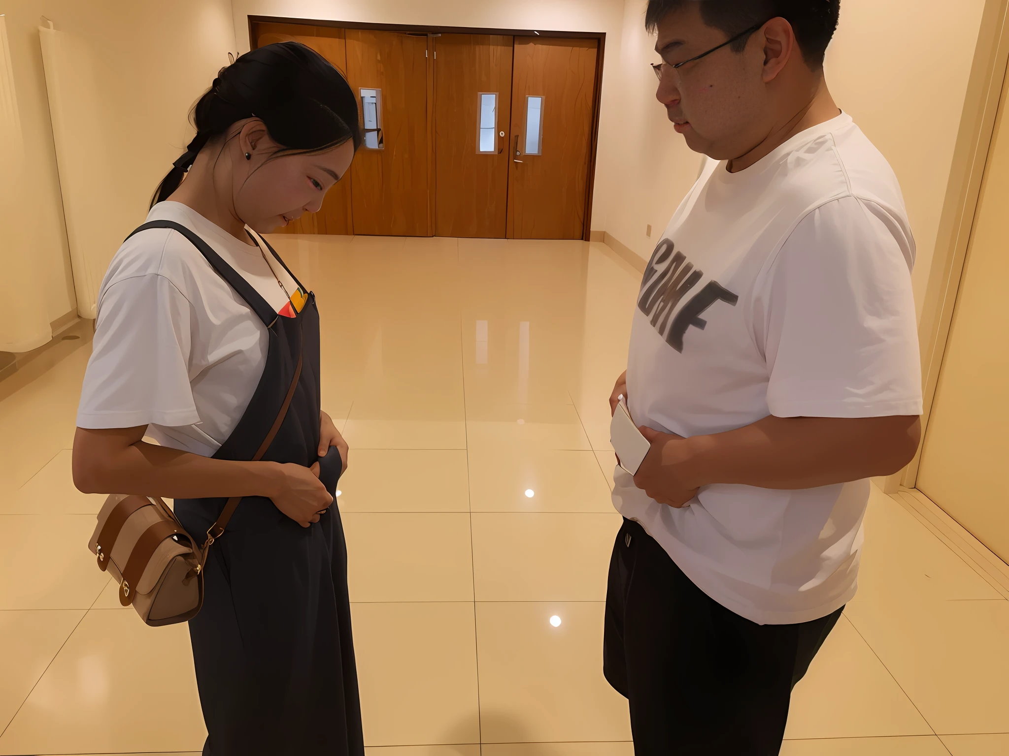 Two people stood in the hallway looking at their phones, Ruan Jia and Fenghua Zhong, photograph taken in 2 0 2 0, taken with sony alpha 9, taken with canon 8 0 d, yiqiang and shurakrgt, taken with a Sony A7R camera, very very very tall, chinese artist, in a hotel hallway