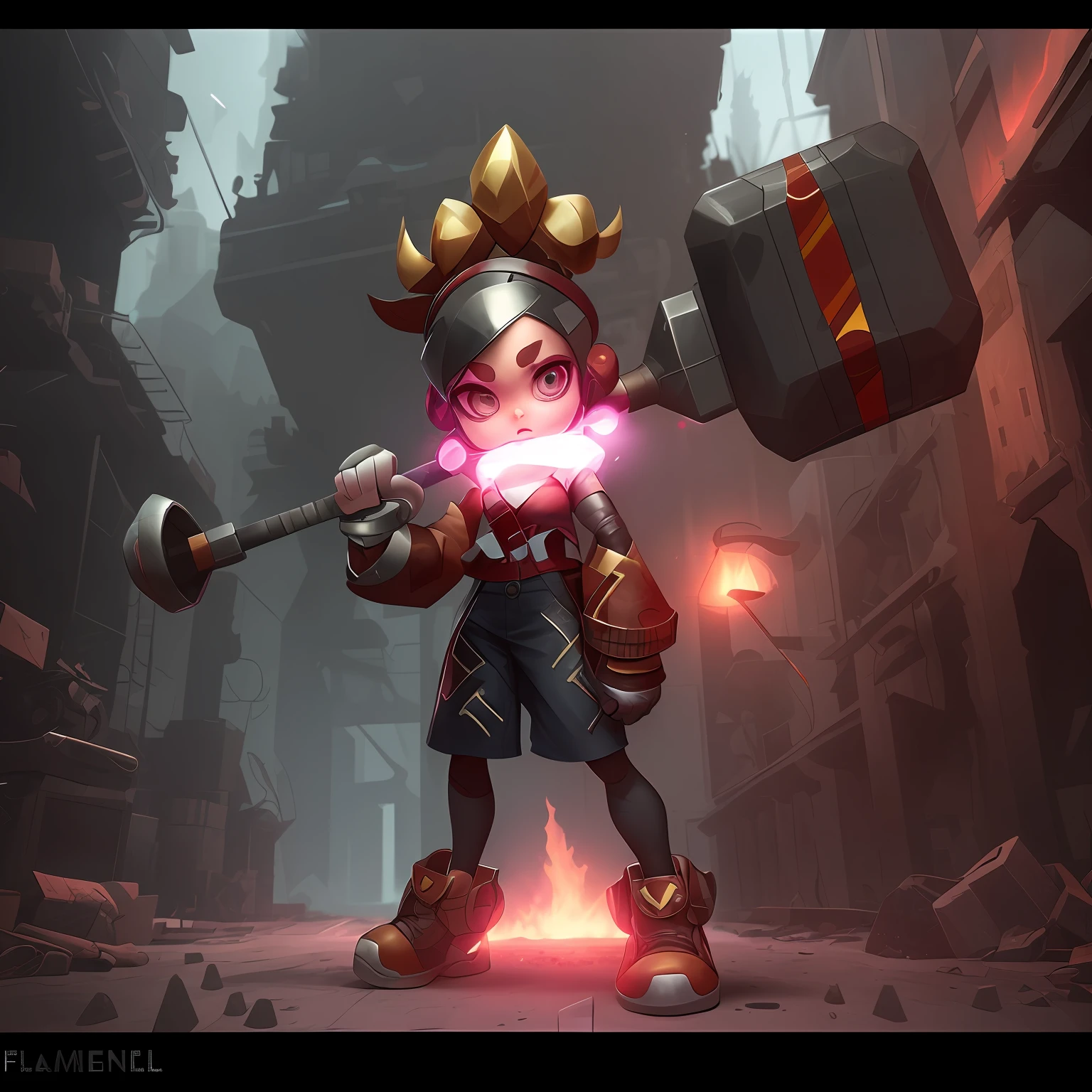 cartoon style, superpower of girl, Handheld a mechanical hammer, full-length picture, Fashionable clothing, Game Character Design, colorful, apocalyptic themes, metal decoration, FLS, unreal engine, cinematic lighting