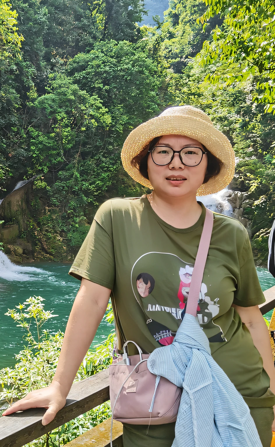 there is a woman standing on a bridge with a hat on, standing close to waterfall, standing in front of a waterfall, next to a waterfall, waterfall in background, nivanh chanthara, inspired by Lam Qua, in a cave with the waterfall, dang my linh, xintong chen, vacation photo, photograph taken in 2 0 2 0