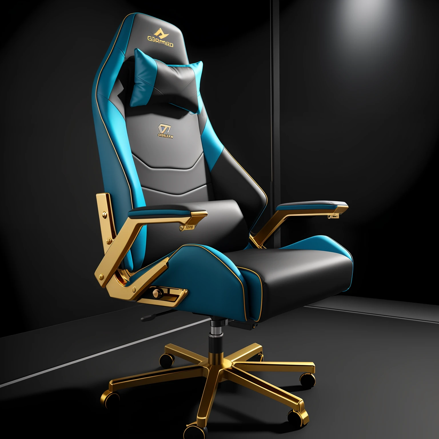 a close up of a gaming chair with a gold trim, gaming chair, gaming chair as a toilet, gold and black blu, gtr xu1, 8k octae render photo, 4 k product photo, ultra realistic ”, ultra realistic”, 35 mm product photo”, cinematic blue and gold, ultra realistic render, octane 8 k render, octane 8k render, product render