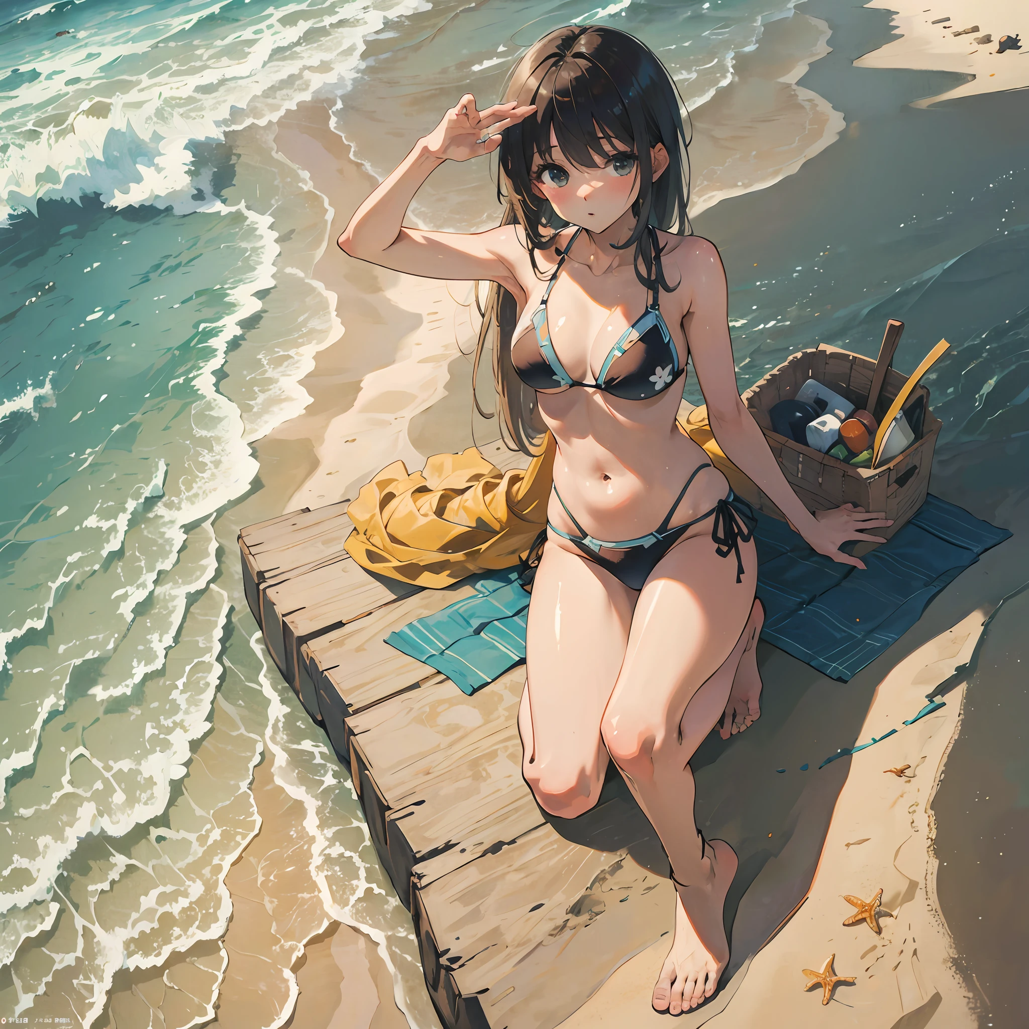 ultra - detailed,Nikkei Manga,Big breasts bikini,Less fabric,On the sandy beach,laying on a beach,Raised sexy ,The feet are small ,duck sitting,High resolution --auto