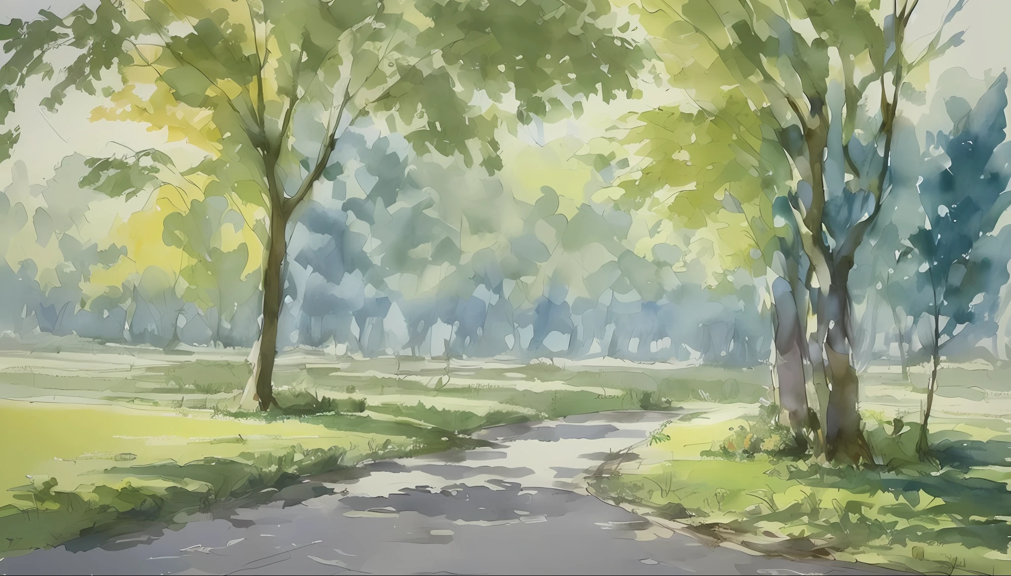 Ilya Viktorovich Ibryaev, famous Russian watercolor painter, aquarelle painting, Tyndall effect, aquarelle painting, China Rural Road, the trees, cloudy sky, ombre, saturated colors