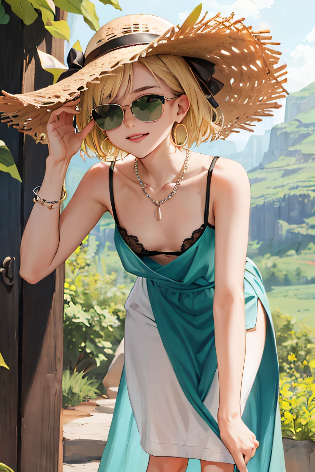 (masterpiece:1.2, best quality), 1girl, smirk, slim, slender, green eyes, sharp eyes, small_breasts, flat_chest, leaning forward, facing viewer, dress, wide-brimmed hat, strappy sandals, oversized sunglasses, simple hoop earrings, shell necklace, areola slip, down blouse, embarrassed, very short blonde hair, ^ ^, nature, yoga studios, serene spaces,