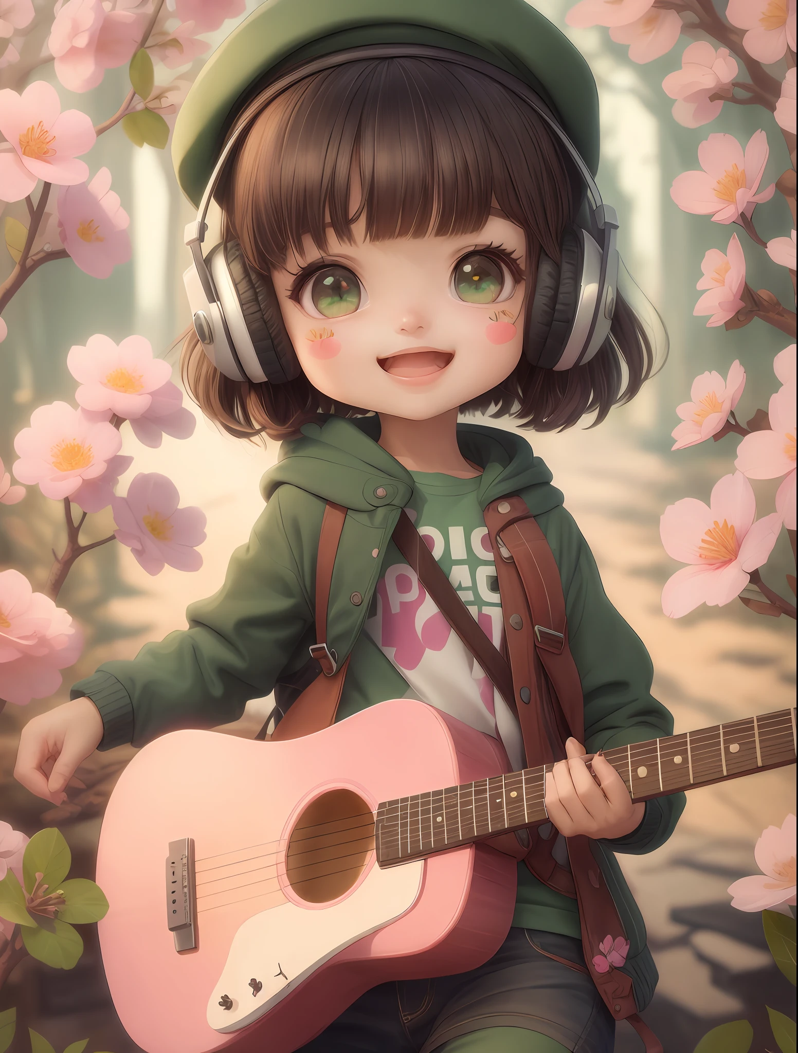 (masterpiece),(best quality),(ultra-detailed), (full body:1.2), 1girl,chibi,cute, smile, open mouth, flower, outdoors, playing guitar, music, beret, holding guitar, jacket, blush, tree, :3, shirt, short hair, cherry blossoms, green headwear, blurry, brown hair, blush stickers, long sleeves, bangs, headphones, black hair, pink flower, (beautiful detailed face), (beautiful detailed eyes),