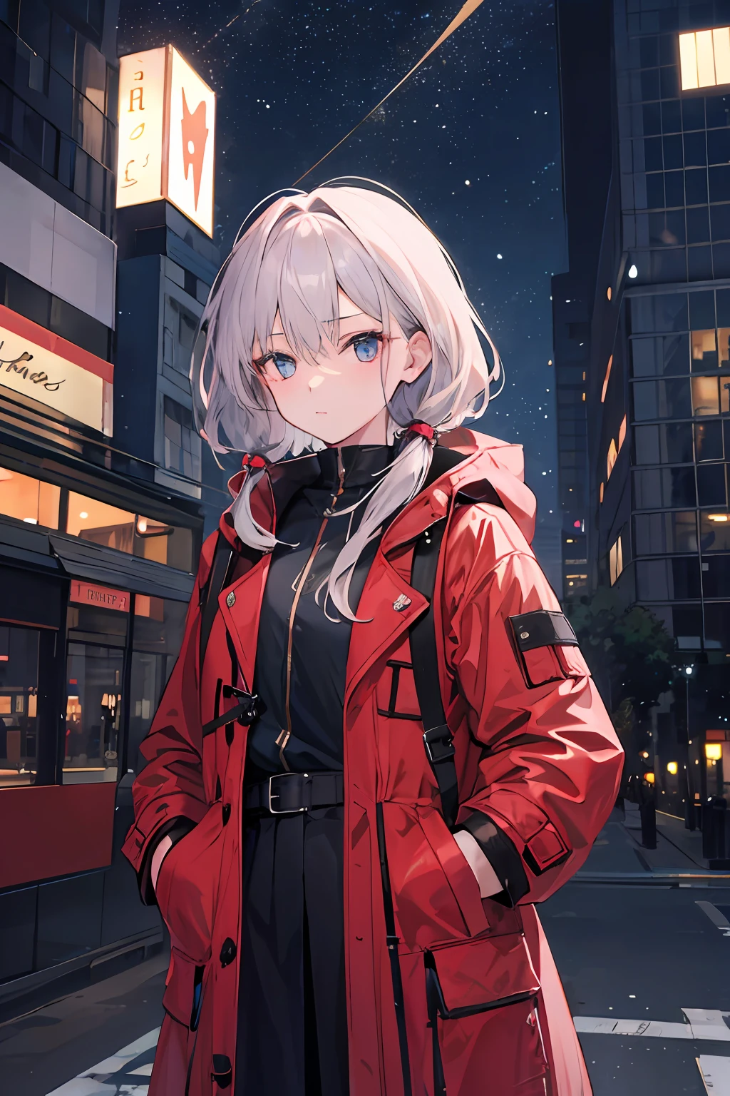 1girl,nightcity,Sateen,coat large,Put your hands in your pockets,nakeness