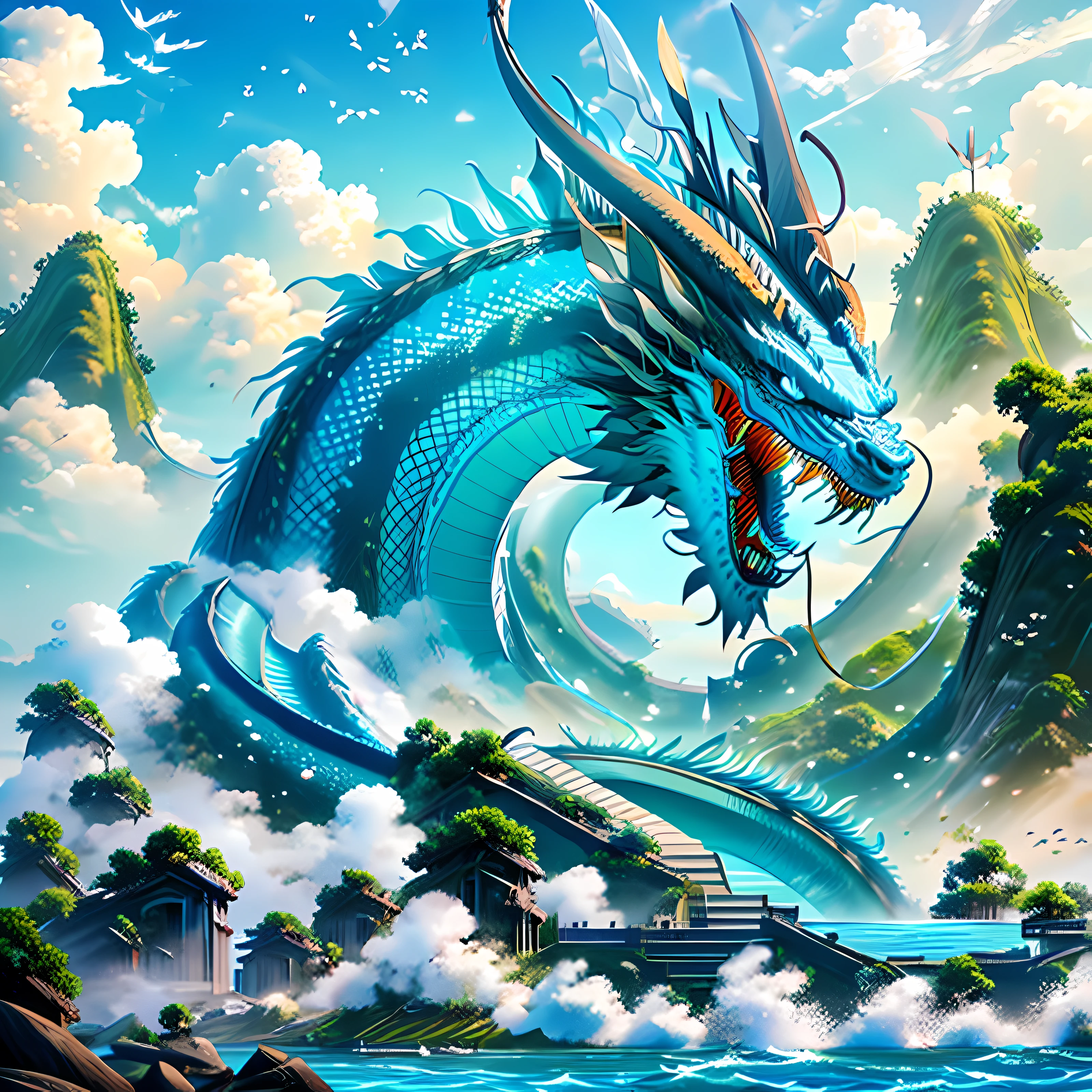 On the island, there is a cyan Chinese dragon, sea, islet, island, sharp teeth, 4K, super detail,