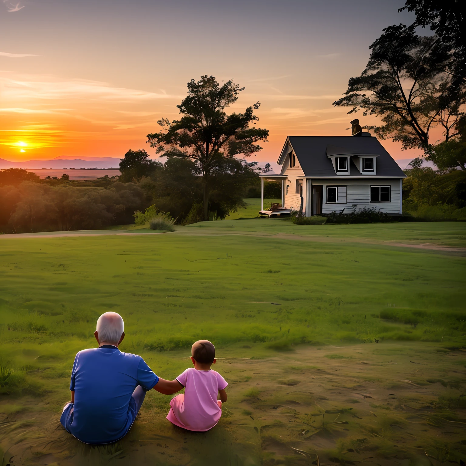 The old man led the child to watch the sunset next to his old house --auto