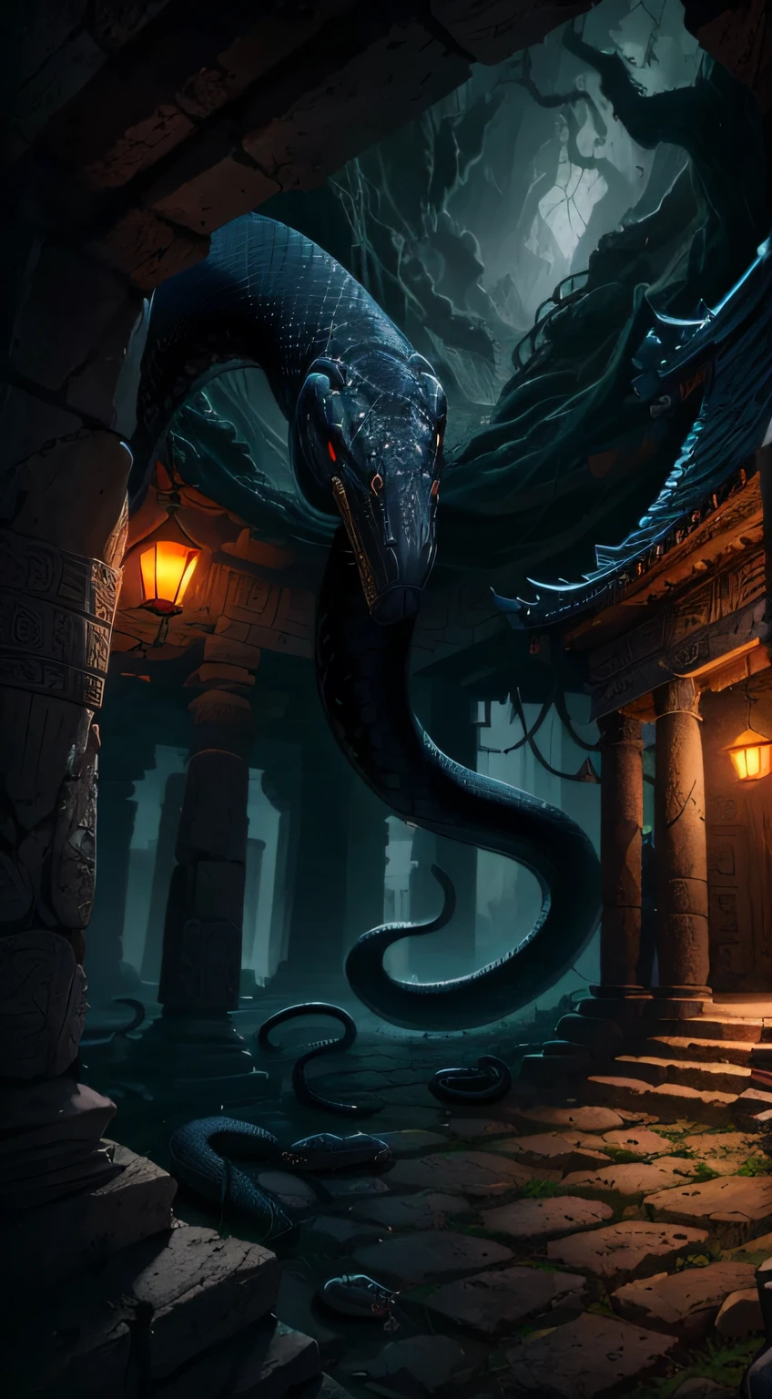 ((masterpiece)), ((best quality)), 8k, high detailed, ultra-detailed,
A black python coiling around an ancient temple, showcasing the snake's evil nature and the mysterious atmosphere of the temple.
snake, ((black color)), evil nature, temple, ancient, ((mysterious ambiance))
