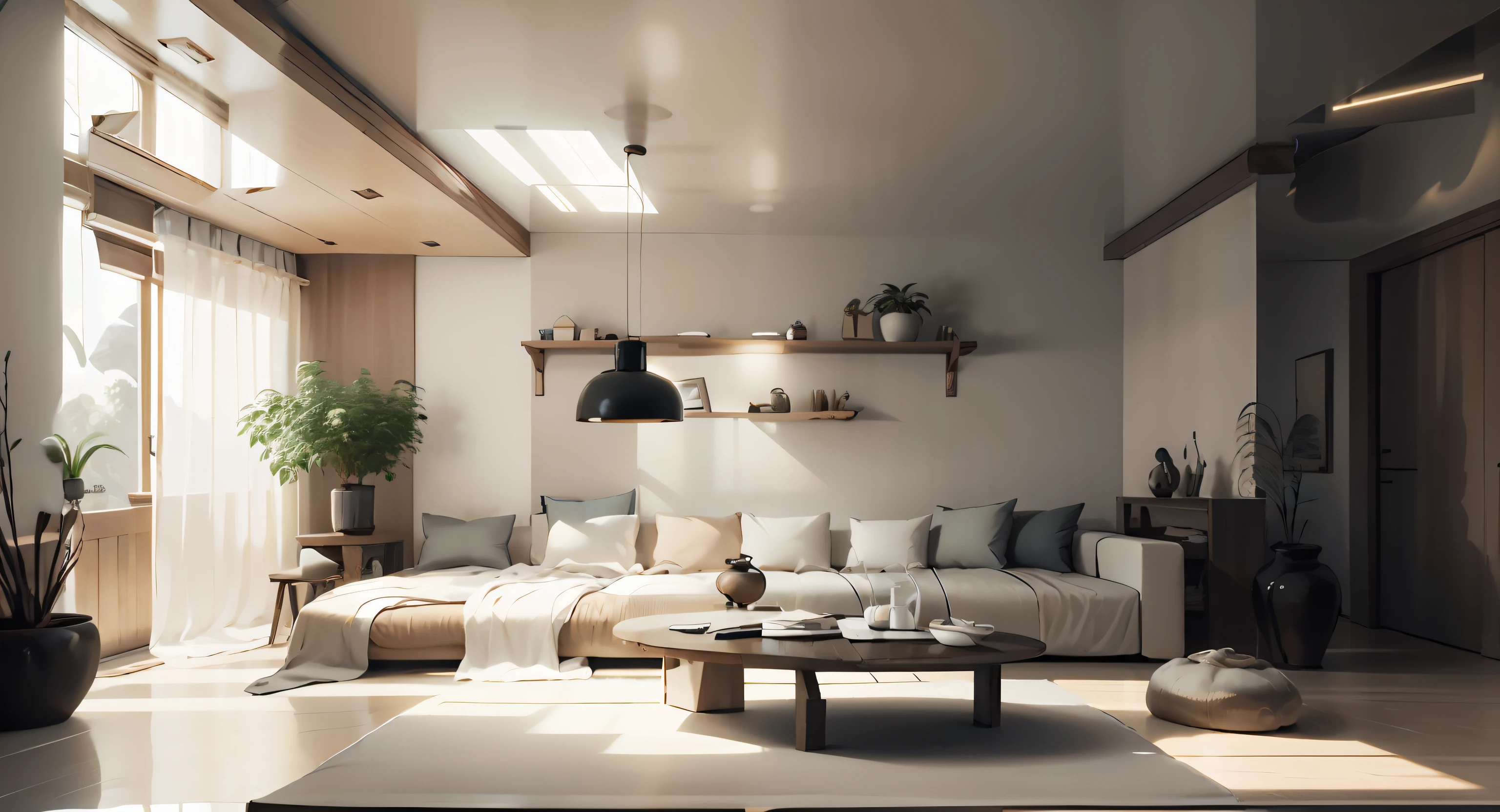 The light is gentle,Realiy,unreal engine rendered,Realistic,Fits the living room style