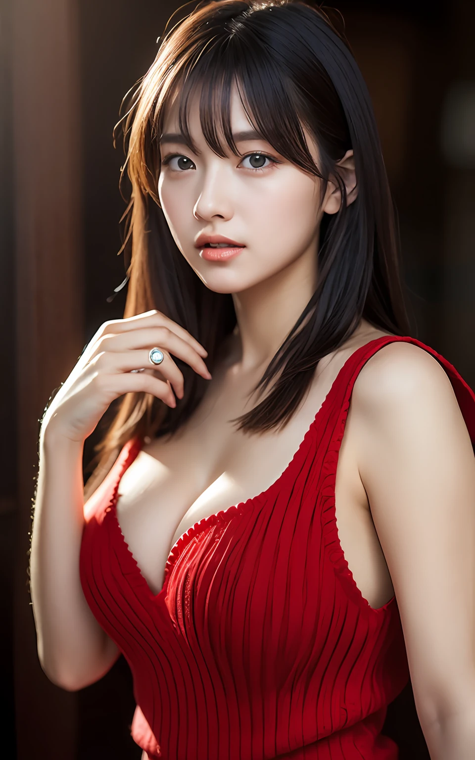 Highly detailed CG Unity 8k wallpaper, With the highest quality, super detailed, master piece, Realistic, photos realistic, extremely detailed cute girl, 25 years old, (Red Knit Dress Mini) , (blush) , Round eyes, Large breasts, looking viewer, Cowboy Shot , cleavage, Duan , (Brewed coffee) , swept bangs