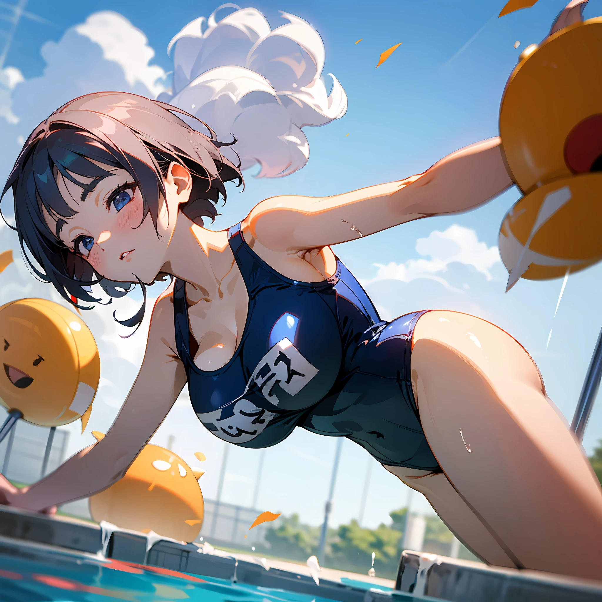 4k Real Beautiful Junior High School Swimsuit Short Bob Hair Pool Big Tits Blowing in the Wind Active Pose Amazing Angle Japan --auto