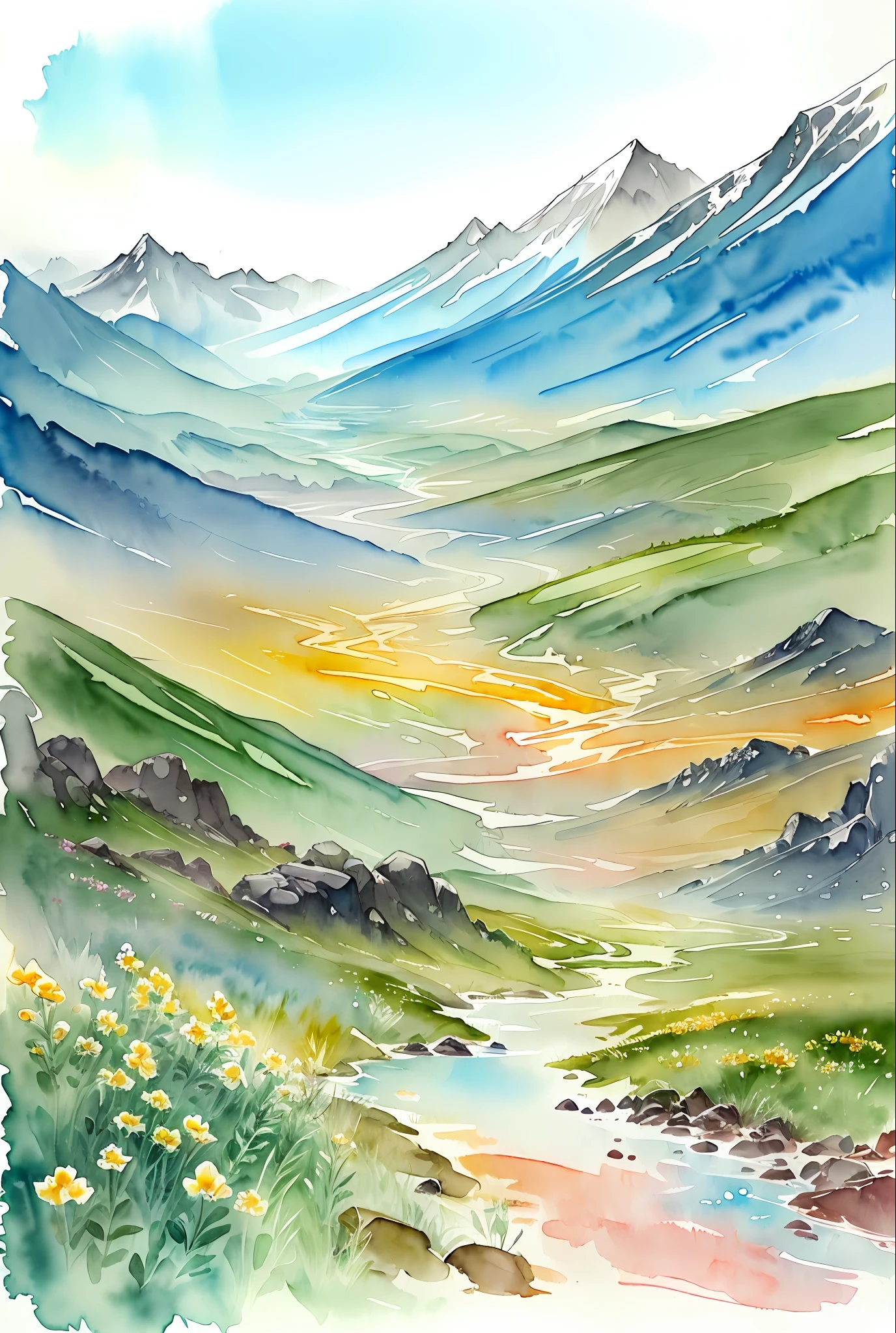 ( watercolor \(medium\), drawing,   IrisCompiet:1.2),painting of  arctic alpine tundra, landscape, sfw
