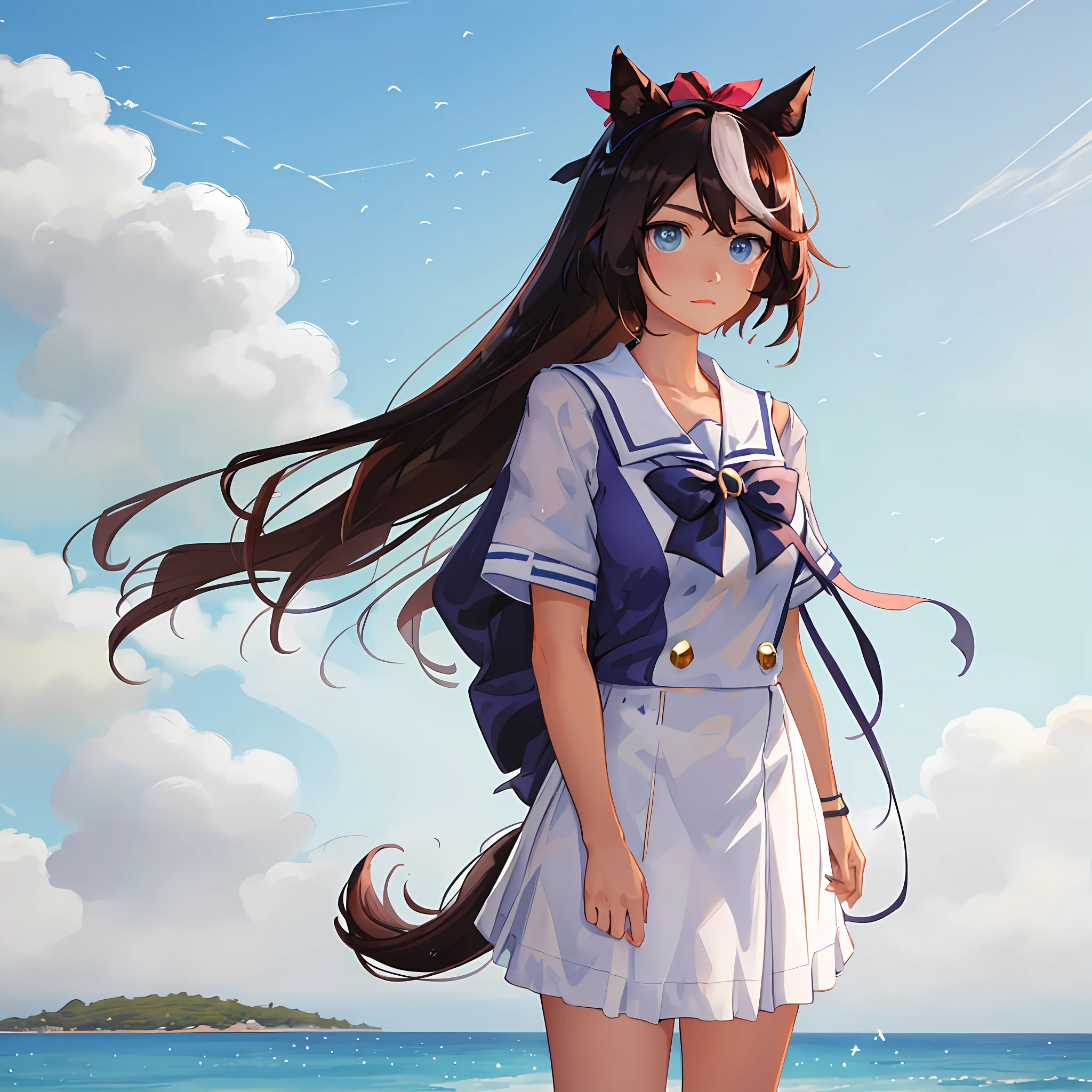 whaite hair,Blue eyes,femele,anime big breast,a sailor suit,Animal ears,coda