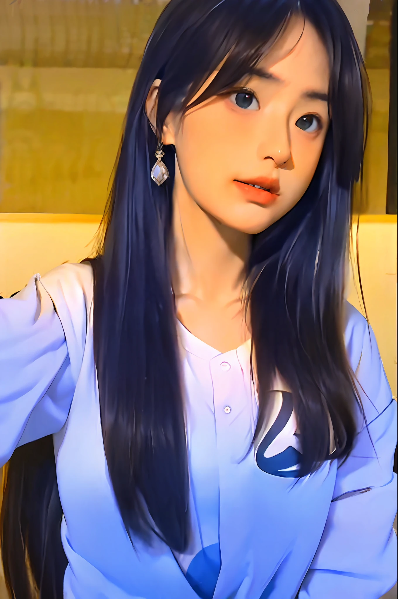 tmasterpiece，best qualtiy，（Dark photograph：1.3），realisticlying，1girll，Flat bangs，stunning innocent symmetry face，The shirt，Emotional，Raised sexy，ulzzangs，（PureErosFace_V1：0.7）