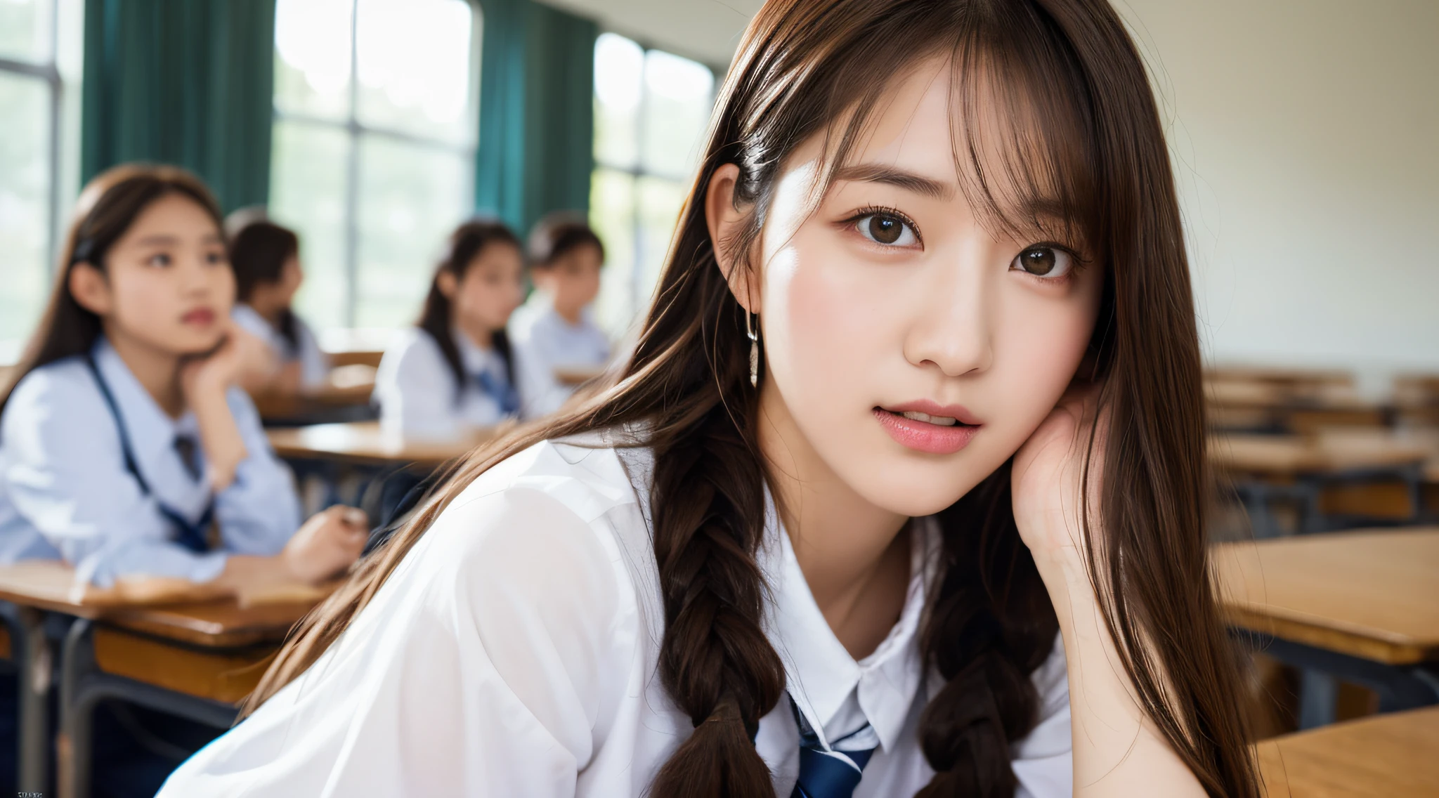 Highly detailed 8K wallpapers），Clear focus，A detailed，dramatics，delicate beautiful schoolgirl，比基尼，pale brown hair，Smooth braids，Raised sexy，ssmile，peeking at the viewer，Beautiful graphics，bright schoolhouse，Full of students，showing whole body，。