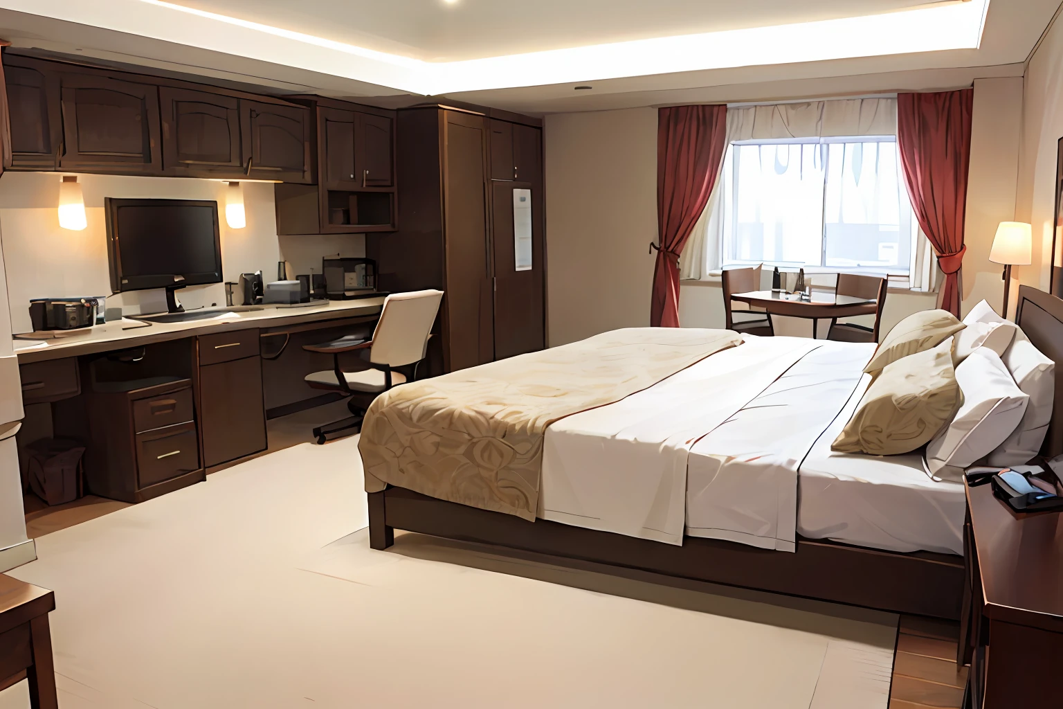 Two-dimensional painting style hotel,huge bed,No Man,There are mood lights
