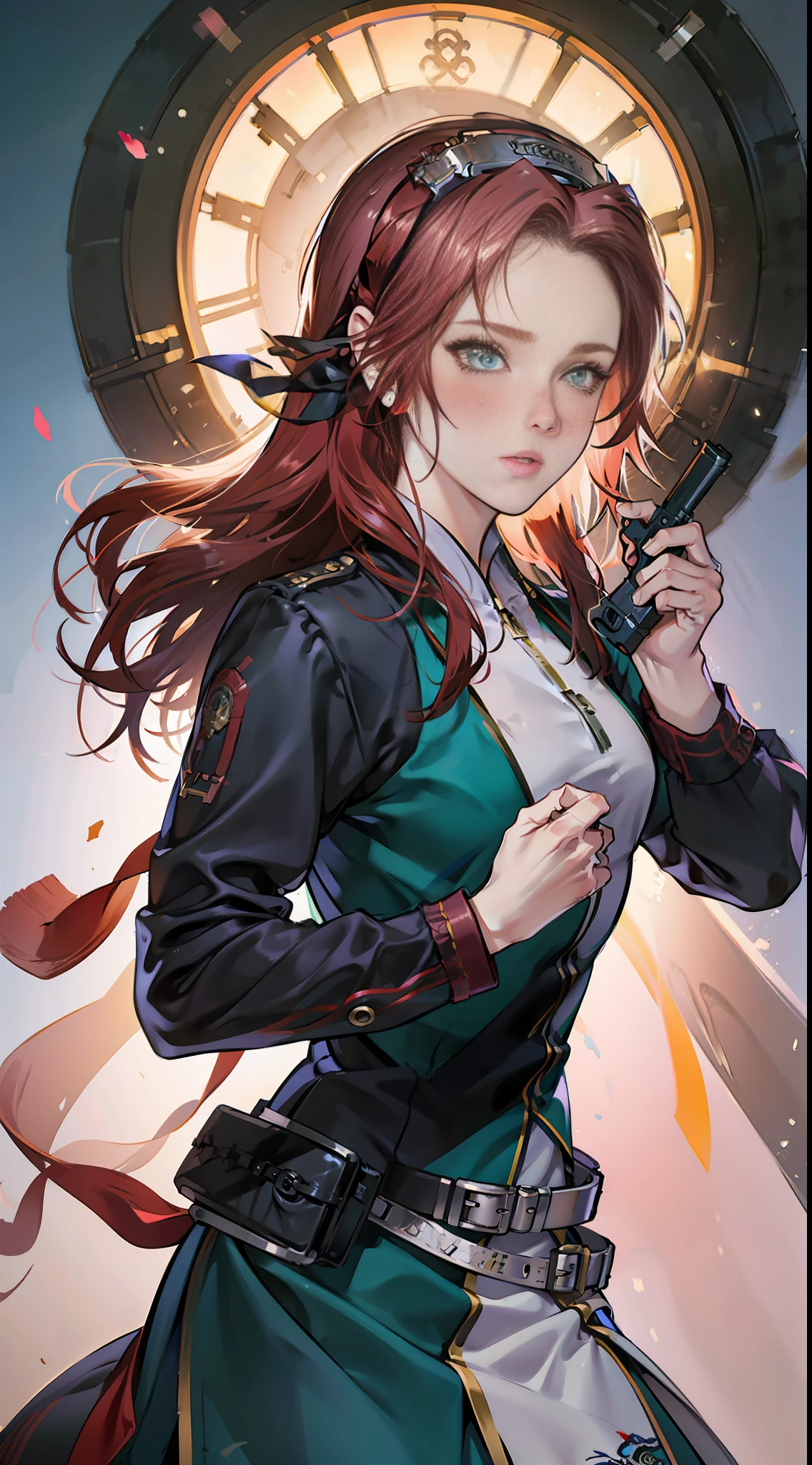 Anime girl in uniform with red long curly hair and sword and handgun , cushart krenz key art feminine, range murata and artgerm, ruan jia and artgerm, very detailed Artgerm, ig model | ArtGerm, ArtGerm. Anime Illustration, Style ArtGerm, ArtGerm on ArtStation Pixiv --auto