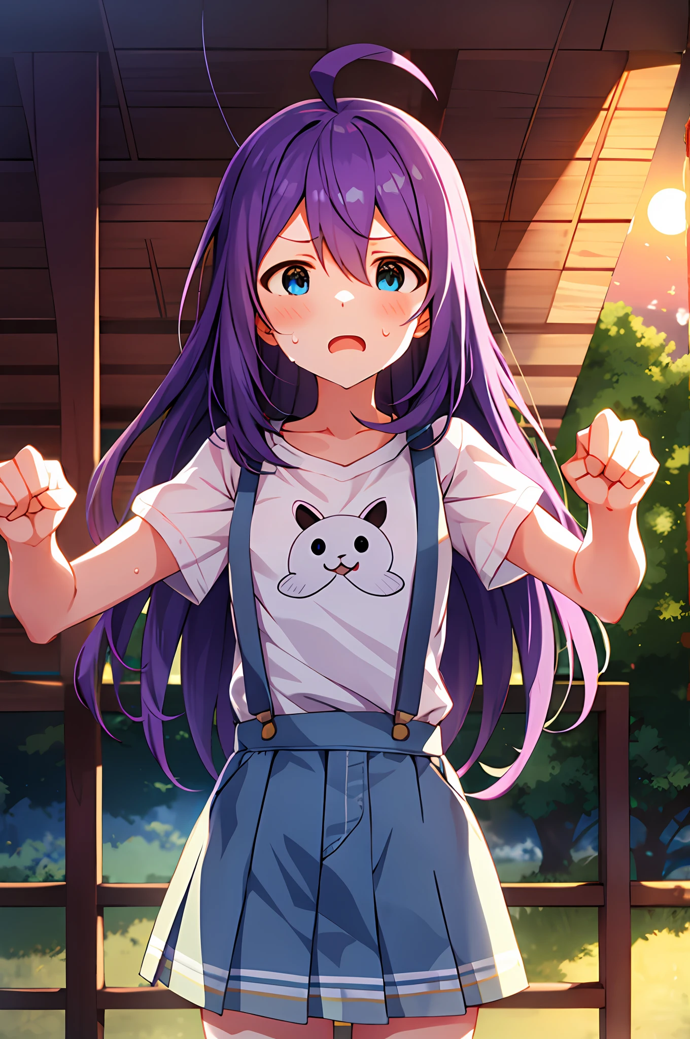 mochizuki anna,1girl in,Solo,Long hair,Purple hair,Medium chest.Ahoge,Blue eyes.Short stature.white t-shirts.suspenders.Skirt.Evening glow.the setting sun..Despair face.Sweat.Opening Mouth.clench your fists.up chest.
