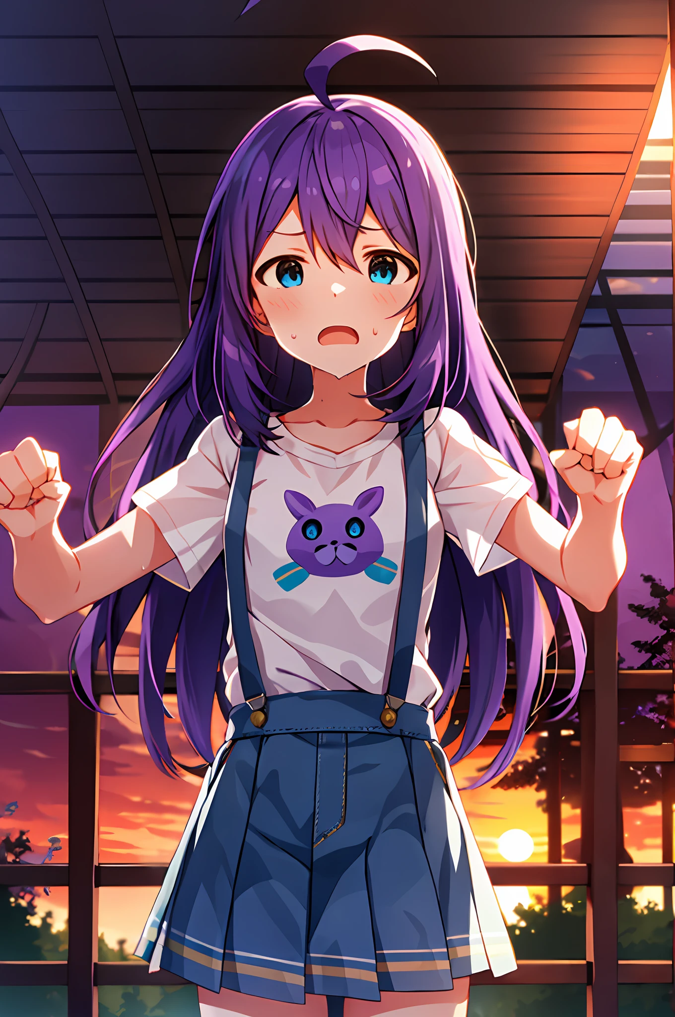mochizuki anna,1girl in,Solo,Long hair,Purple hair,Medium chest.Ahoge,Blue eyes.Short stature.white t-shirts.suspenders.Skirt.Evening glow.the setting sun..Despair face.Sweat.Opening Mouth.clench your fists.up chest.