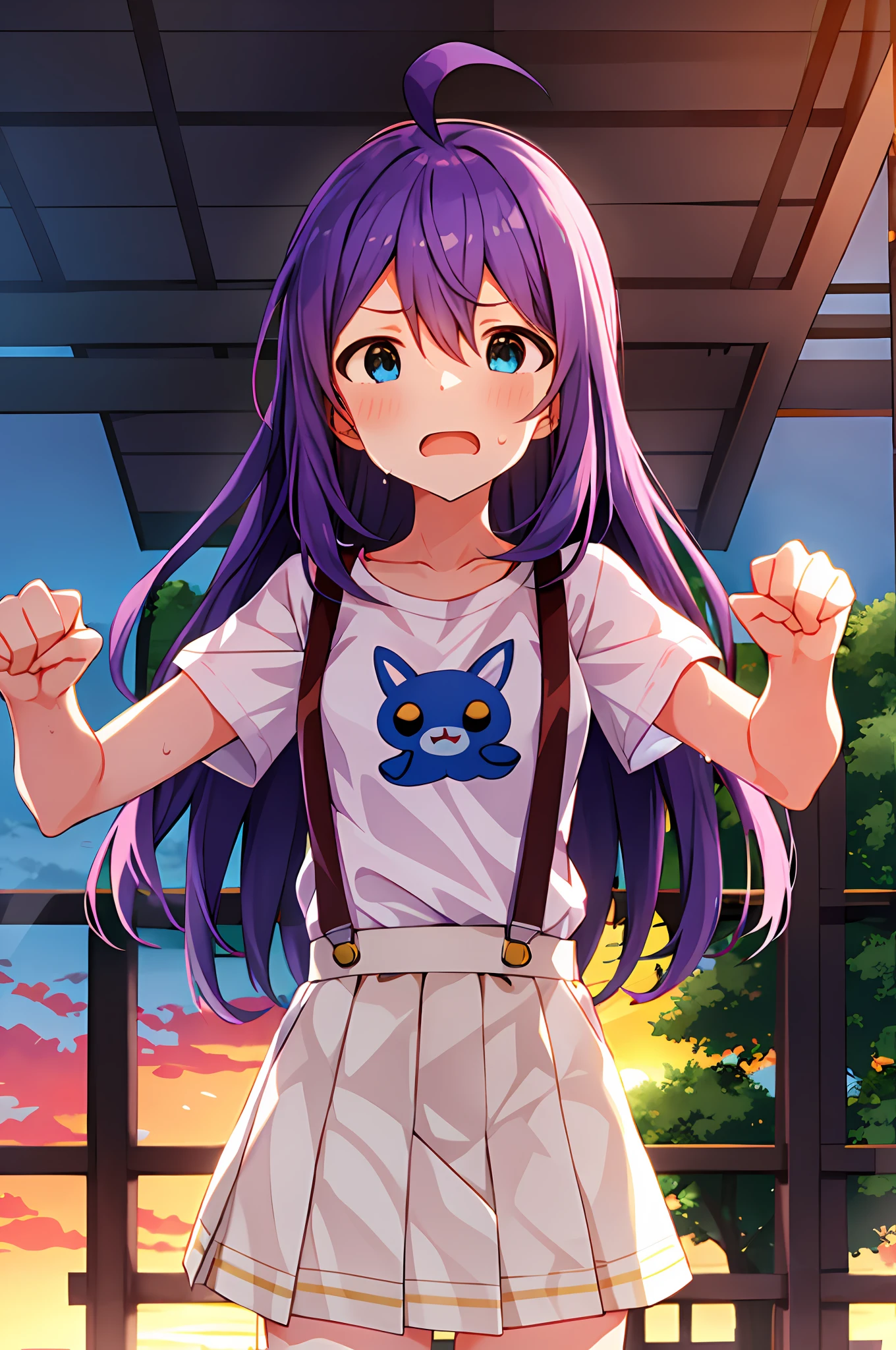 mochizuki anna,1girl in,Solo,Long hair,Purple hair,Medium chest.Ahoge,Blue eyes.Short stature.white t-shirts.suspenders.Skirt.Evening glow.the setting sun..Despair face.Sweat.Opening Mouth.clench your fists.up chest.